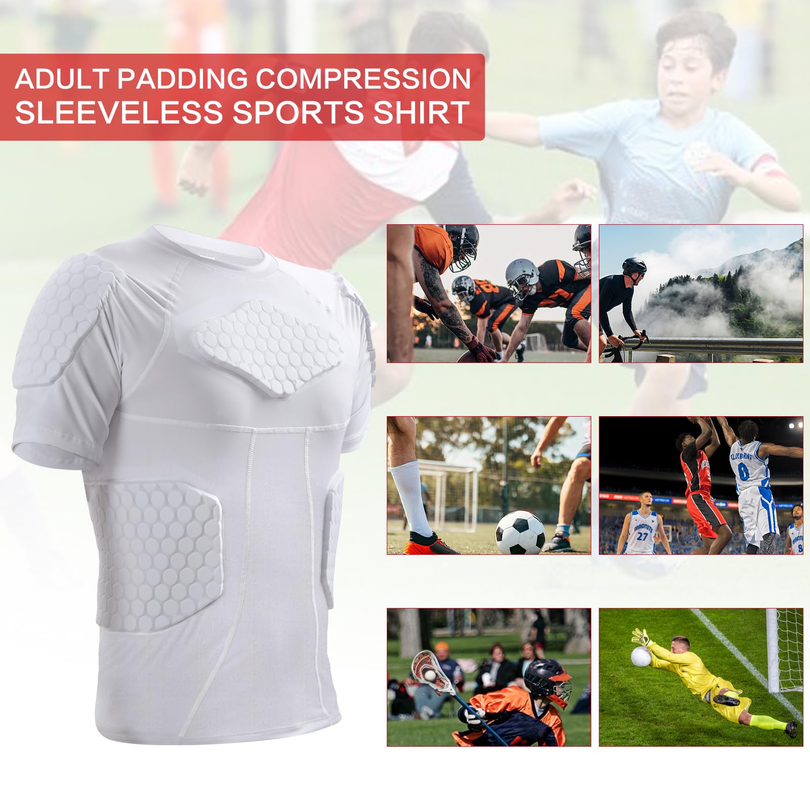 Zicac Sports Compression Shirt, Atmungsaktiv Stoßschutz Sport Tshirts Herren, Rundumschutz Kompressionsshirt Herren für Fußball Basketball Paintball Rugby Radfahren Curling Baseball