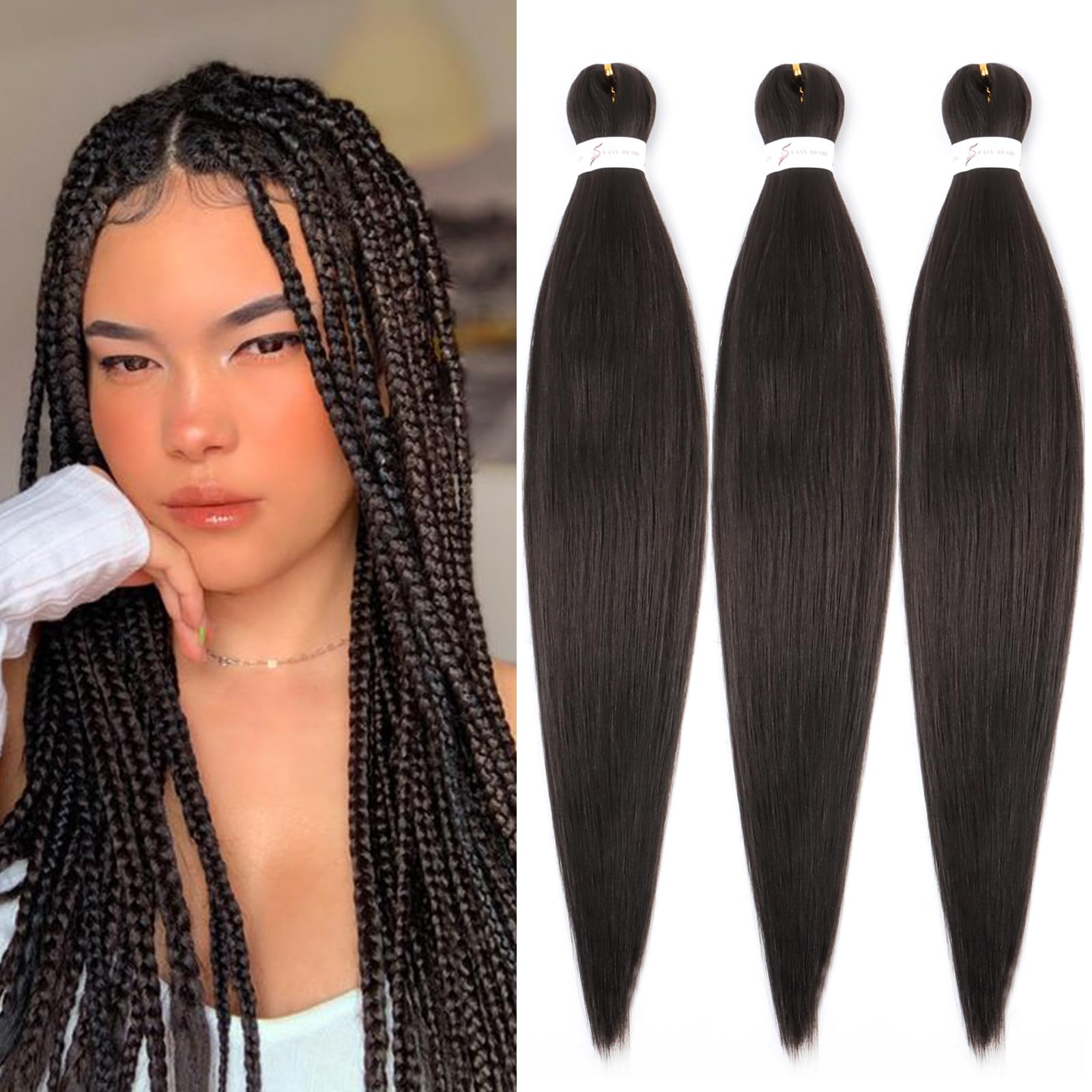 Dark Brown Braiding Hair Pre Stretched 26 Inch 3 Packs 4# Pre-stretched Braiding Hair EZ Braid Synthetic Hair Extensions for Crochet Box Braids