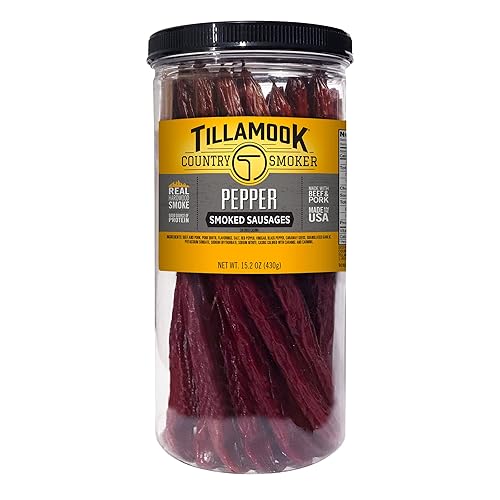 Tillamook Country Smoker - Salchichas ahumadas con madera dura auténtica, sabor pimienta, tarro alto de 15.2 onzas, 20 unidades