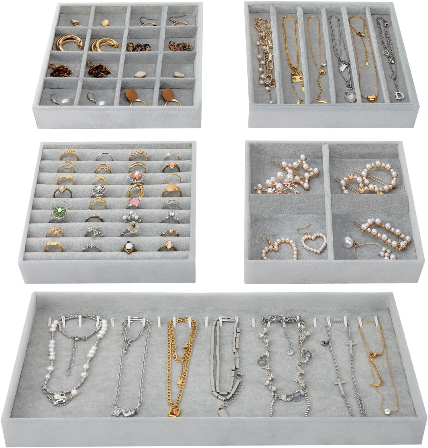 Fixwal Jewelry Tray, Set of 5 Jewelry Tray for Drawer, 14in Stackable Jewelry Organizer, Jewelry Storage for Earring, Necklace, Bracelet, Watch with Removable Divider, Grey