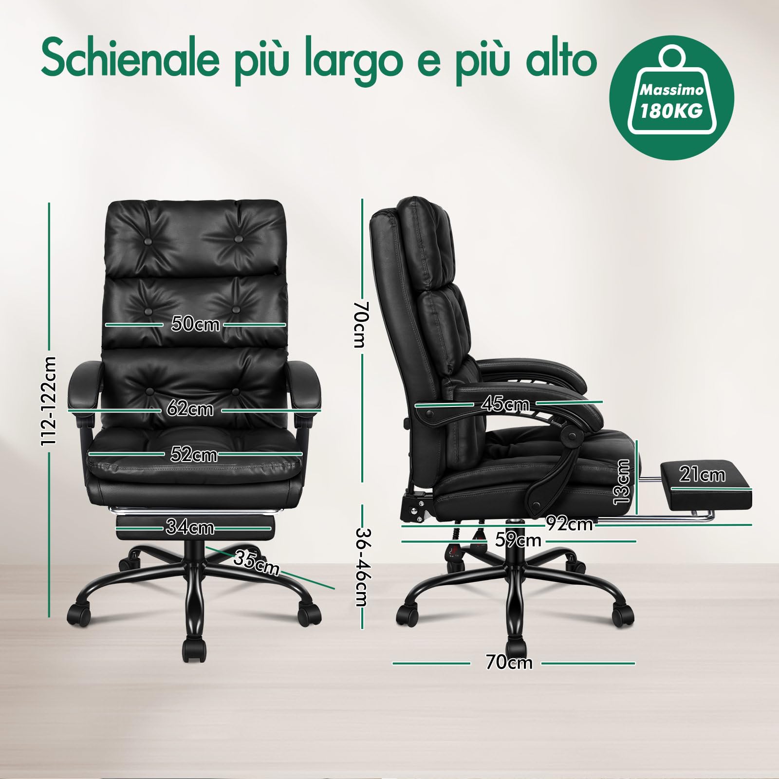 ALFORDSON Sedia da Ufficio Ergonomica, Poltrona Direzionale, Girevole e Altezza Regolabile, da Scrivania in Studio e Ufficio, con Rotelle con Poggiagambe, Portante di 180 kg, Similpelle(Nera)