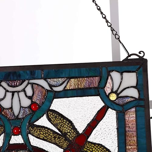 Miniatura 3 de Bieye W10031 - Panel de ventana con diseño de libélula iris y flores, estilo Tiffany, con cadena, forma rectangular, 19 pulgadas de ancho x 25