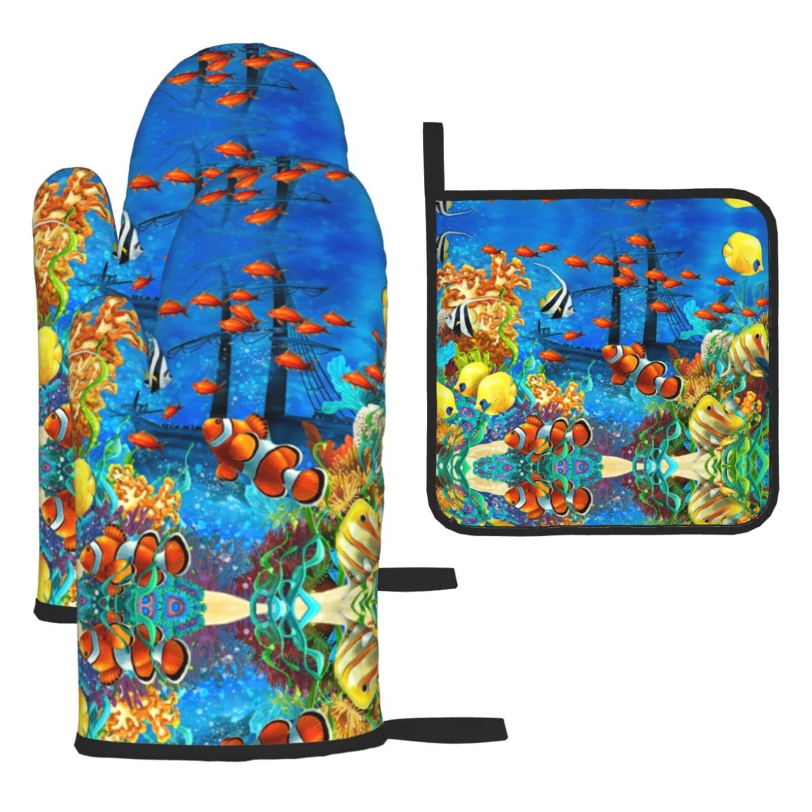 The Underwater World Tropical Fish Oven Mitts and Pot Holder Kitchen Set for Grilling, Cooking, Baking, Heat Resistant