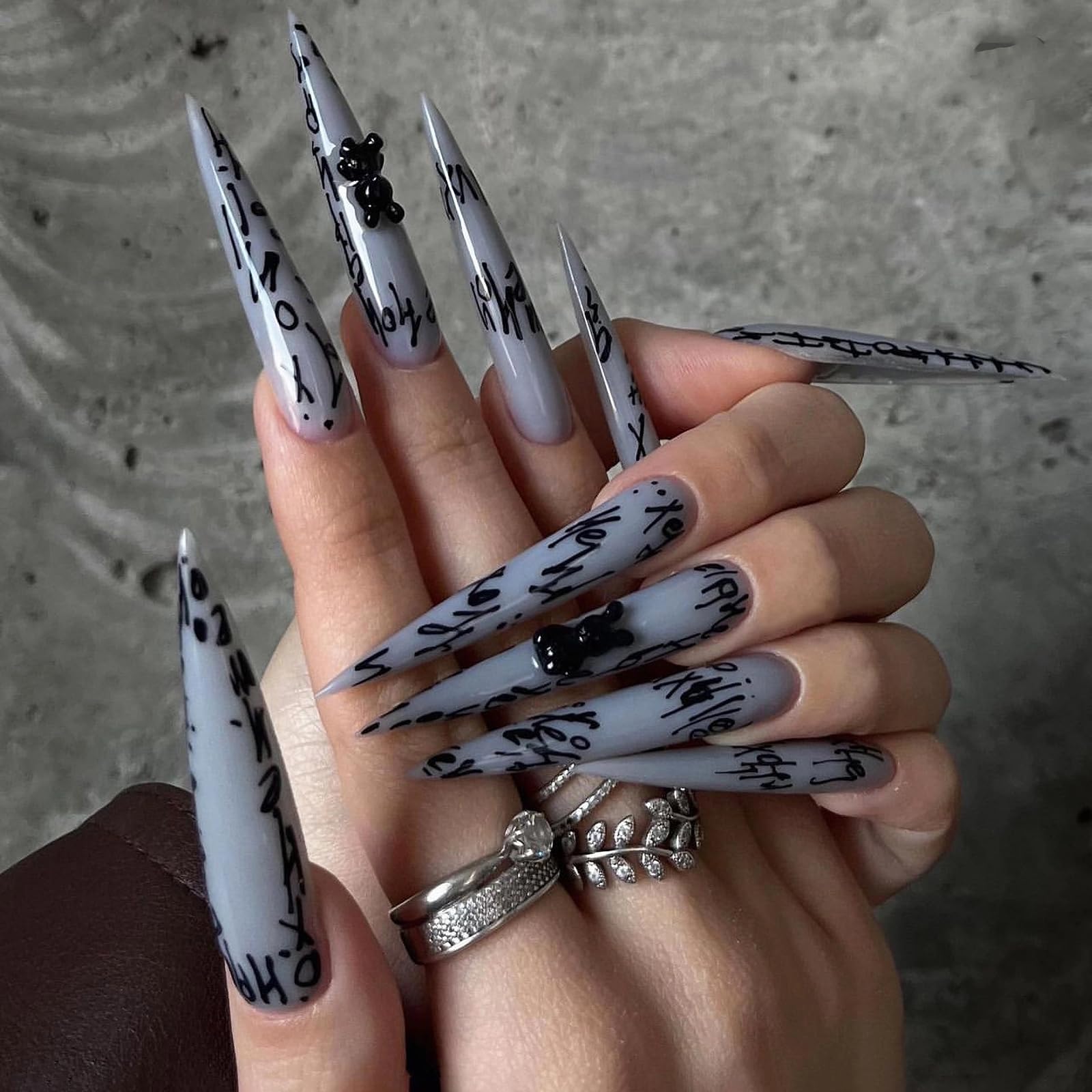 MISUD Press on Nails - Extra Long Stiletto Fake Nails with Gray Black, Acrylic Goth Swirl Design 24 pcs