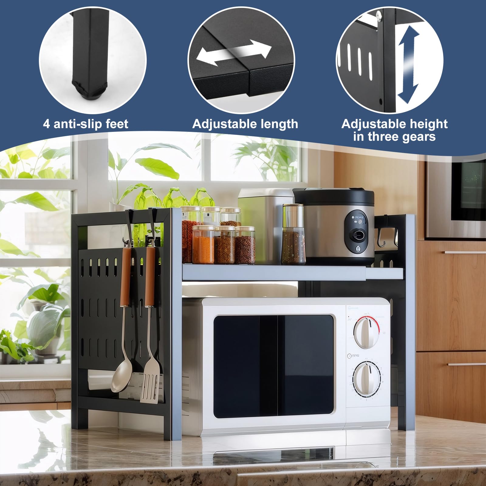 Rangement Cuisine Auauraintt Support Micro-Ondes 2 Niveaux - Extensible 40- 64cm - 6 Crochets - Noir étagère Extensible 2 Niveaux 40-64cm Crochets