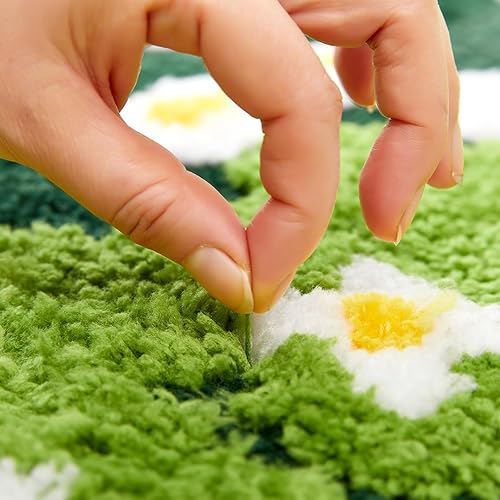 Miniatura 6 de Bonita alfombra de baño verde con diseño de flores y margaritas de primavera, antideslizante, lavable a máquina, súper absorbente, de forma