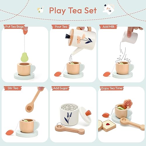 Miniatura 3 de Juego de té de madera para niños pequeños, juego de fiesta de té de madera para niños, juego de juguetes de comida, accesorios de cocina, fiesta de