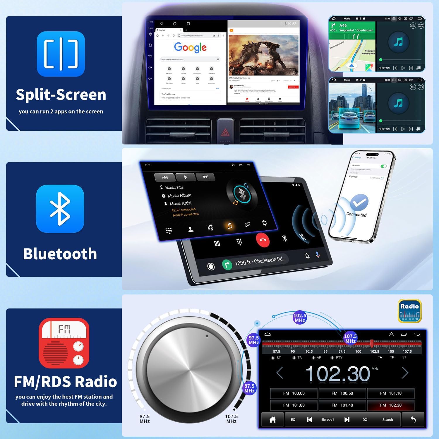 Image showing the car stereo display with Bluetooth connection status and music playback interface.