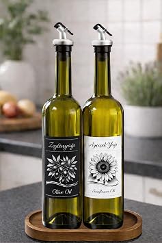 Zeytinyağı ve Ayçiçek Yağı Şişesi Seti, Beyaz Etiket ve Yağdanlık Aparatlı, Ahşap Standlı 750 ml, 2 Adet, Yeşil Cam Şişe (Standlı, Gri)