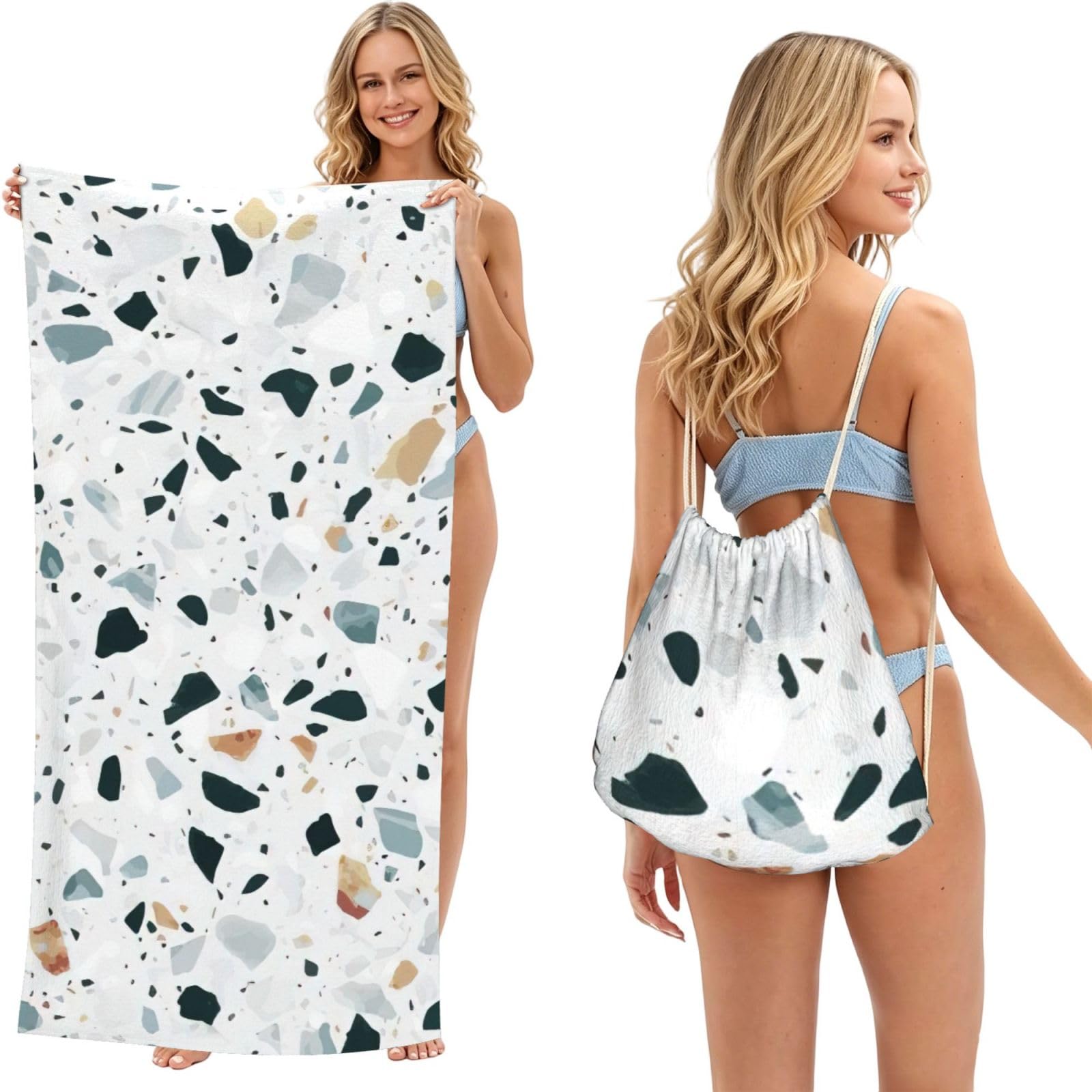 LMNvbz Terrazzo Marble Pastel Print 2 In 1 Packable Beach Towel Bag, Quick Dry Backpack Microfiber Mat For Camping, Travel, Vacation, Cruise, And Picnic