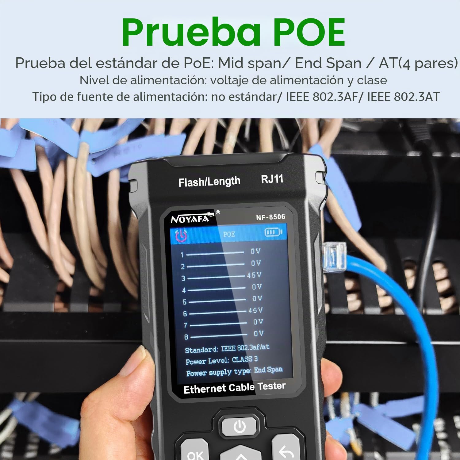 NOYAFA Probador de Red con Escaneo IP, Probador de Cable de Red con TDR | Prueba de PING y Velocidad de Puerto, Comprobador RJ11/RJ45, Analizador de Cable Ethernet para Cat5/Cat6, Prueba PoE, NF-8506
