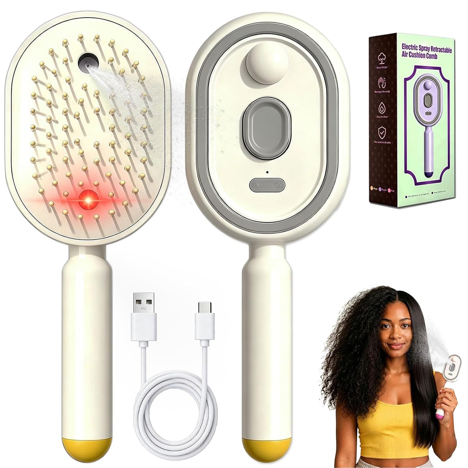 Photo 1 of Electric Spray Air Cushion Massage Comb, 5-in-1 Air Cushion Brush Mist Hair Brush Detangling Comb with Self-Cleaning Anti-Static Hair Brush Reduce Frizz, Smooth & Everyday Scalp Massage Care (Beige)
