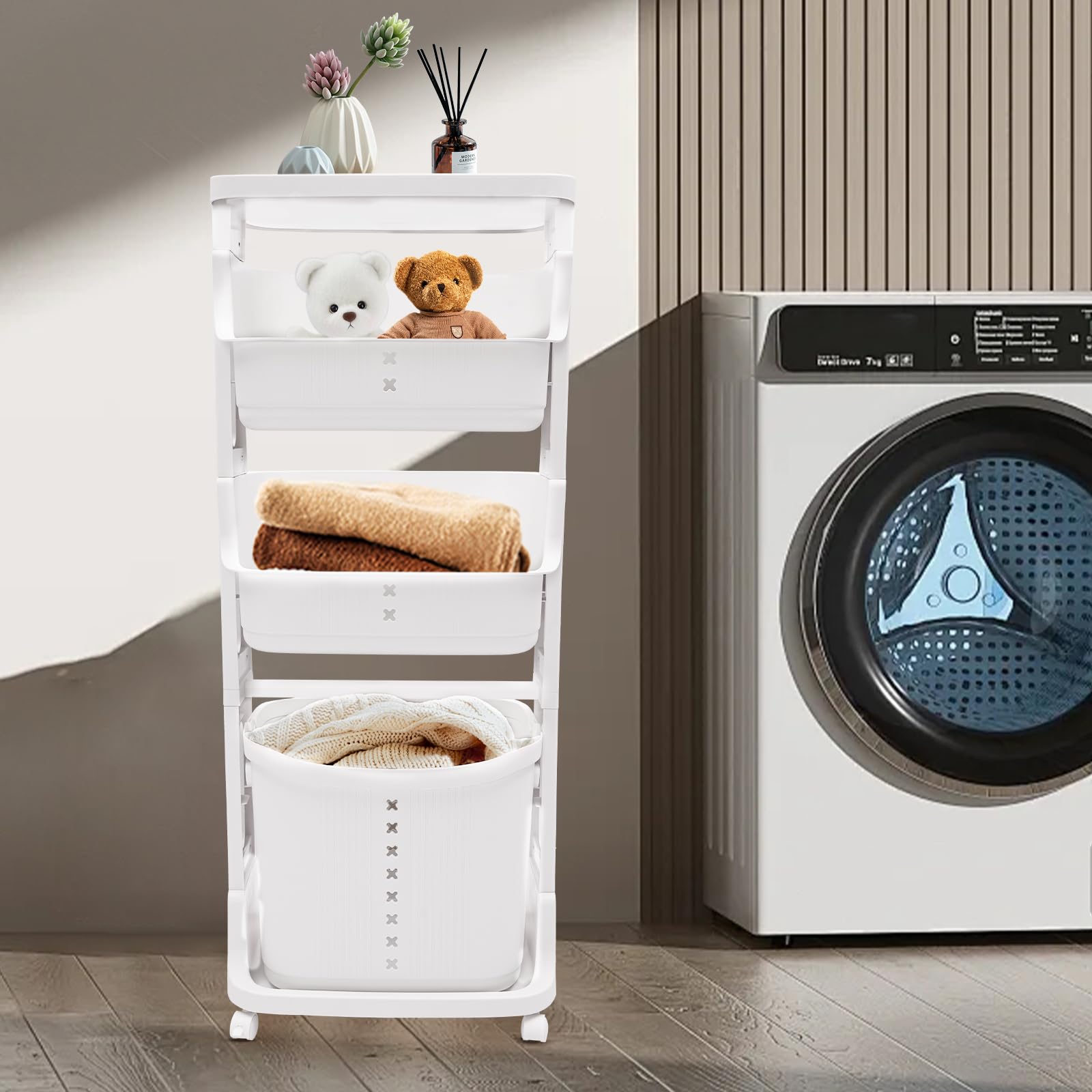 Cesto para la ropa sucia con ruedas, 3 compartimentos, varios niveles, cesta de plástico para la colada, cesta de lavandería, cesta de almacenamiento
