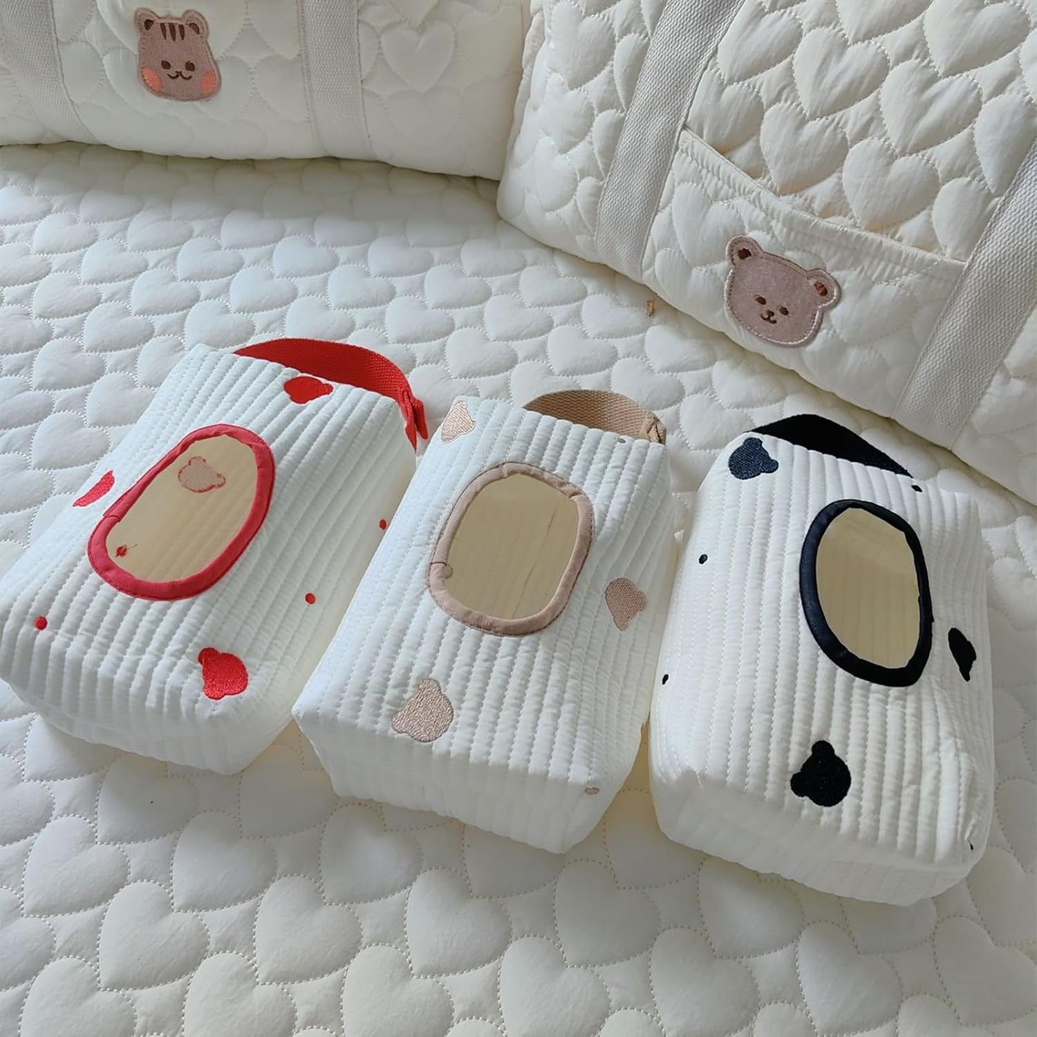 Stylish Bear Embroidery Wet Wipe Pouches Baby Wipe Hanging Pouches For Baby Strollers Excellent For Travel & Daily Use Diaper Bag Attaches