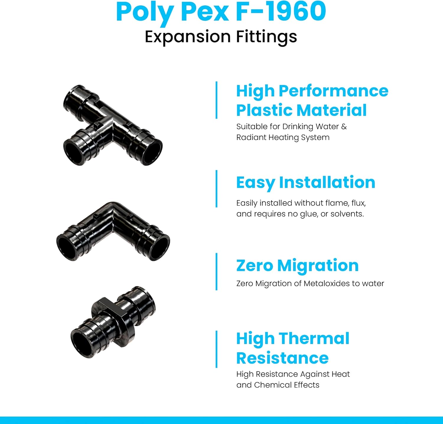 Poly PEX-A Expansion Fittings 3/4'' inch Tee, Elbow & Coupling Set | Plastic Plumbing Fittings F1960 for PEX-A Pipe [Pack of 30]