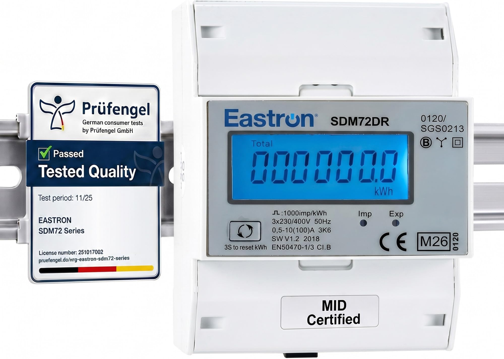 Eastron SDM72DR Three Phase Electric Energy Meter - 100 Amp kWh Din Rail Power Meter, Resettable Partial Energy, Pulse Digital Backlit LCD - MID Certified/Calibrated