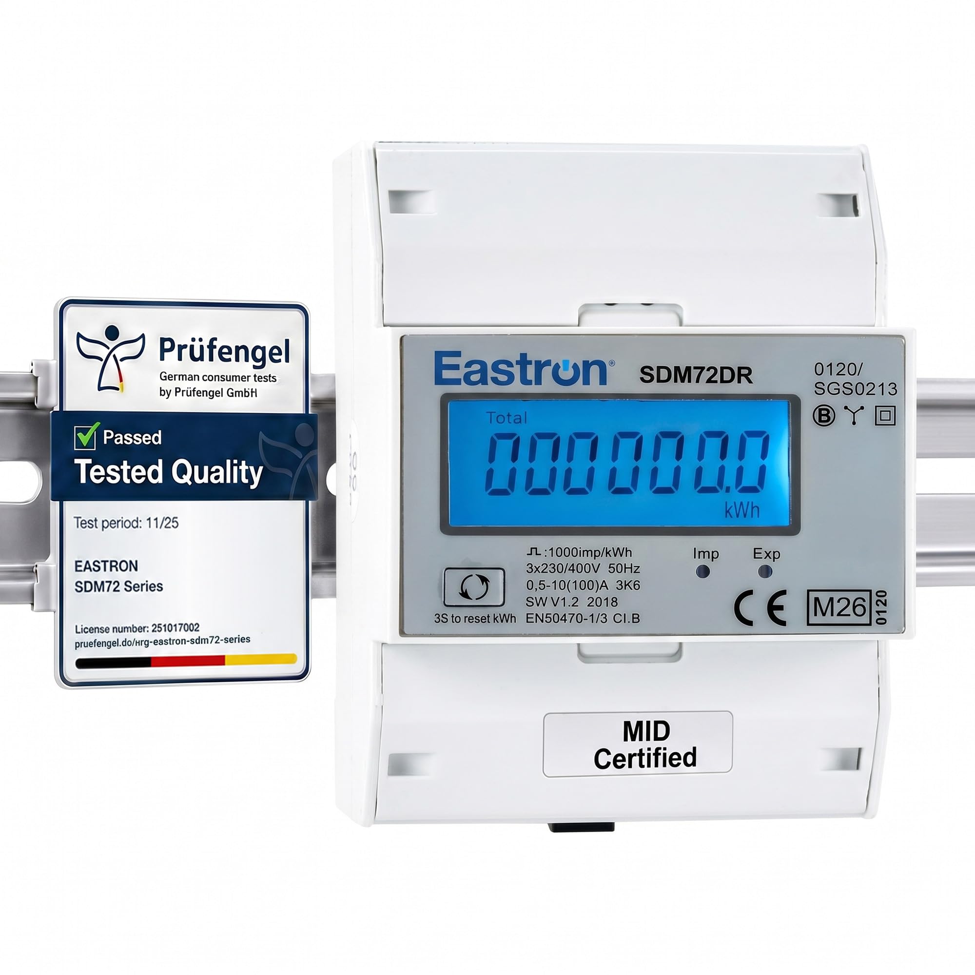 SDM72DR Three-phase electricity energy meter, 100 Ampere kWh DIN rail power meter, resettable partial energy, pulse meter, digital LCD display with backlight, MID certified