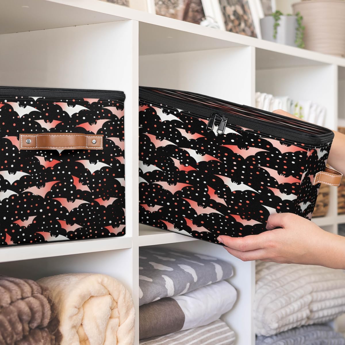 Storage Bin Set of 2 Red Bats Storage Basket with Zipper Lid & Handle Foldable Closet Shelf 2 Pack Cloth Organizer Basket Cube Bins Clothes Organizer for Bedroom, Nursery