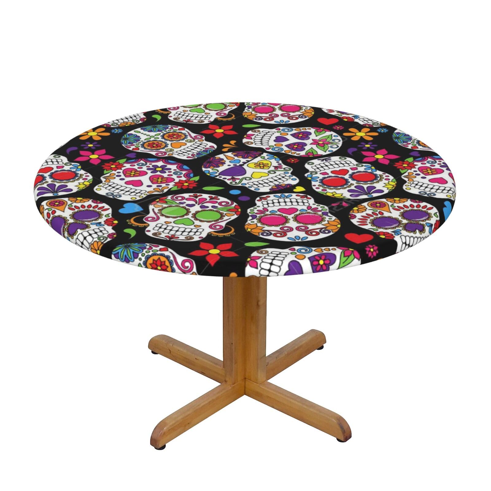 Ffshkowe Skulls Elastic Round Tablecloth Oil Proof Table Cover For Dining Party Picnic