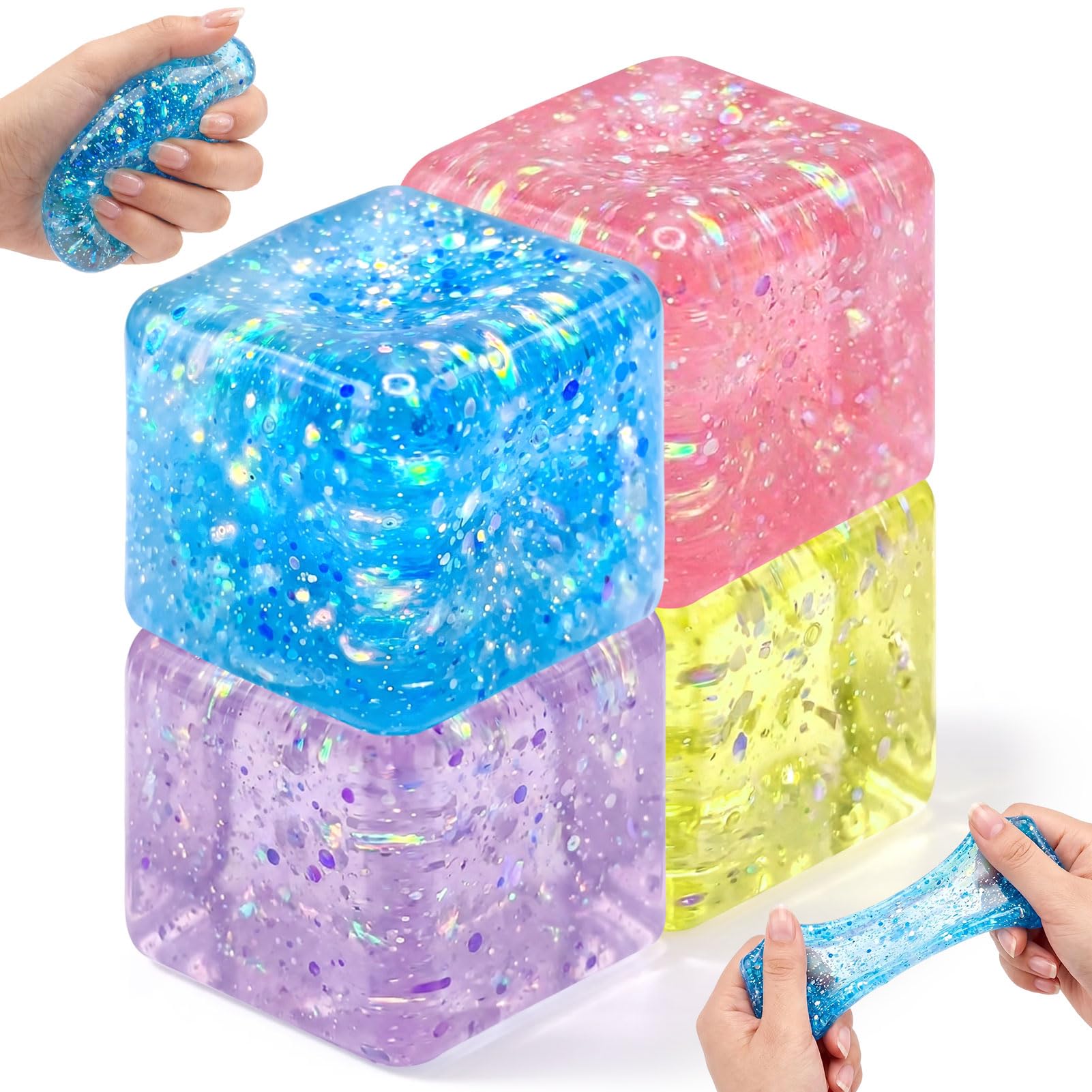 4PCS Cube Squishy Fidget Toys, Ice Squeeze Ball, Square Shape Squishy Fidget Toys, Soft Squeeze Sensory Toy for Anxiety Stress Relief
