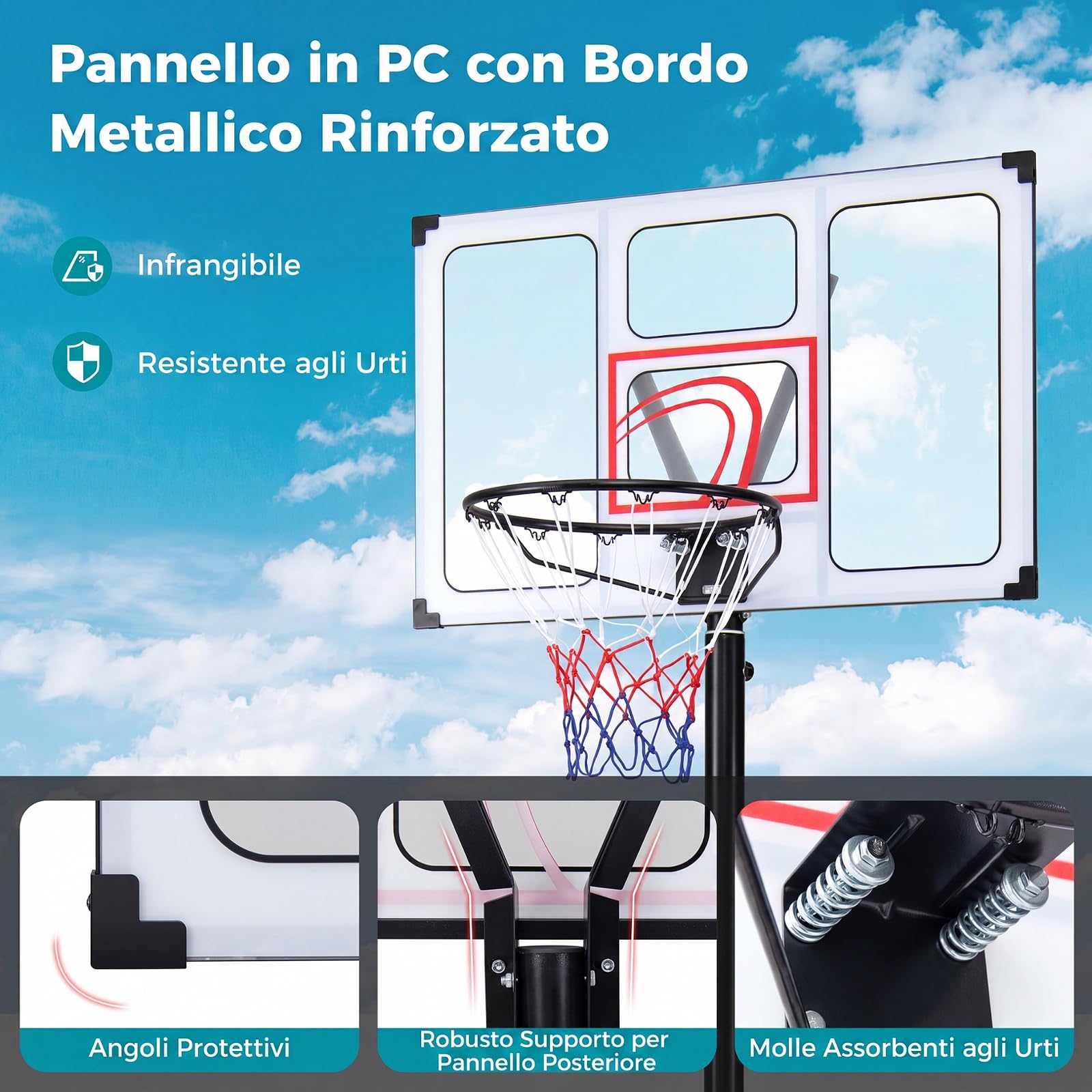 COSTWAY Canestro da Basket da Esterno ed Interno 305 cm | Canestro Basket Professionale e Regolabile in 16 Altezze, Portatile con Ruote, Tabellone PC Infrangibile e Base Riempibile