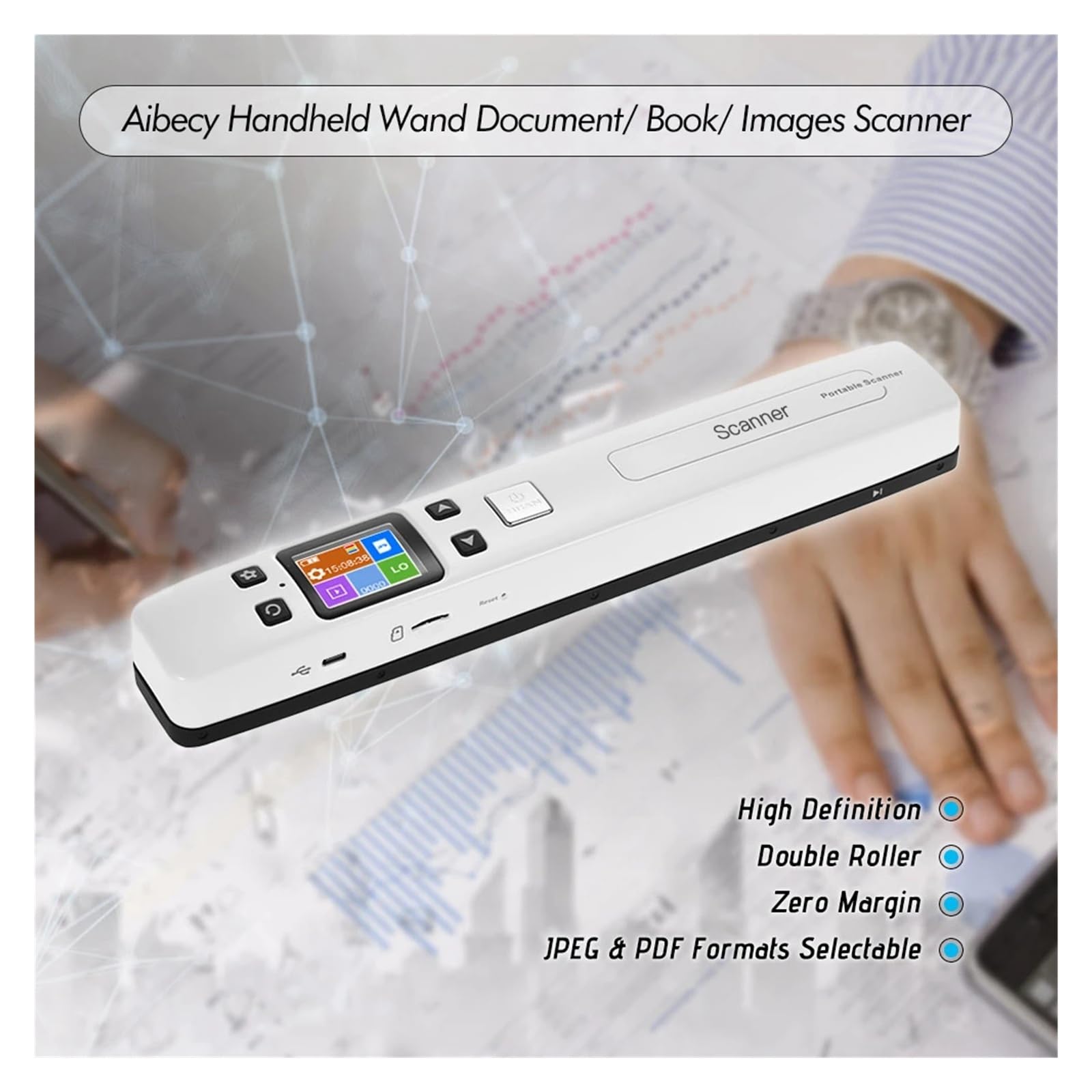 Scanner portatile ad alta velocità Wi-Fi da 1050 DPI for documenti, display LCD in formato A4 JPG/PDF for ricevute e libri aziendali(No WiFi function)