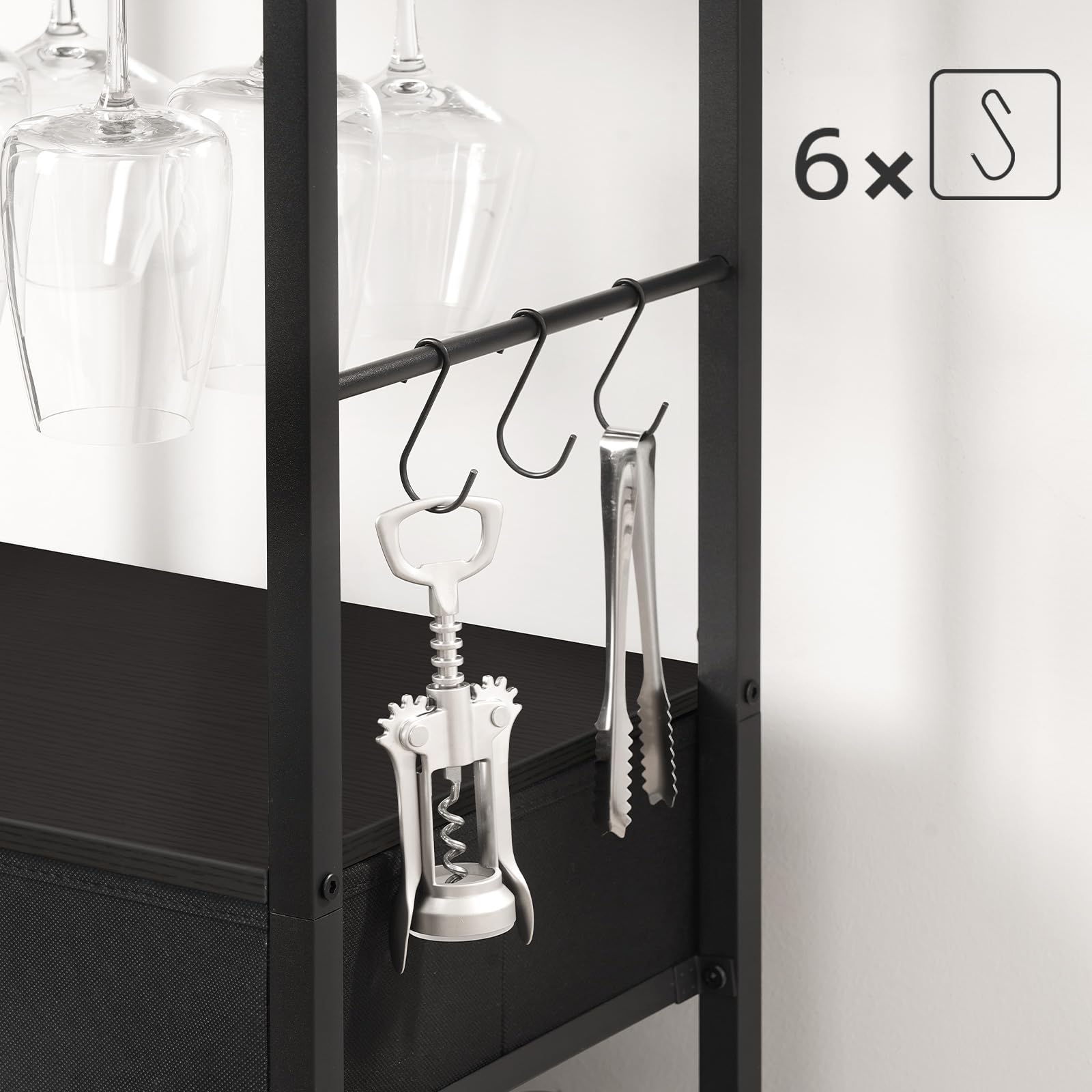 HOOBRO Scaffale Porta Vino, Portabottiglie a 6 Livelli con Porta Calici, Organizzatore da Bar per Bottiglie di Vino, con Cassetti e Ganci, per Cucina, Sala da Pranzo, Schwarz EBB10JJ01