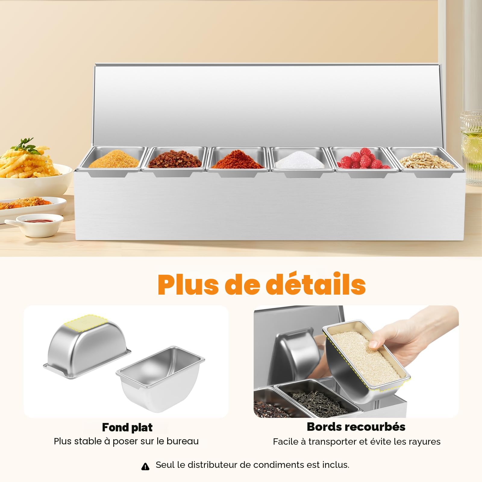 Boîte à ingrédients de cuisine avec 6 compartiments en acier inoxydable - Boîte à ingrédients - Pots à épices - Pour la cuisine, la pizza, le bar à salade, yuc20240327012