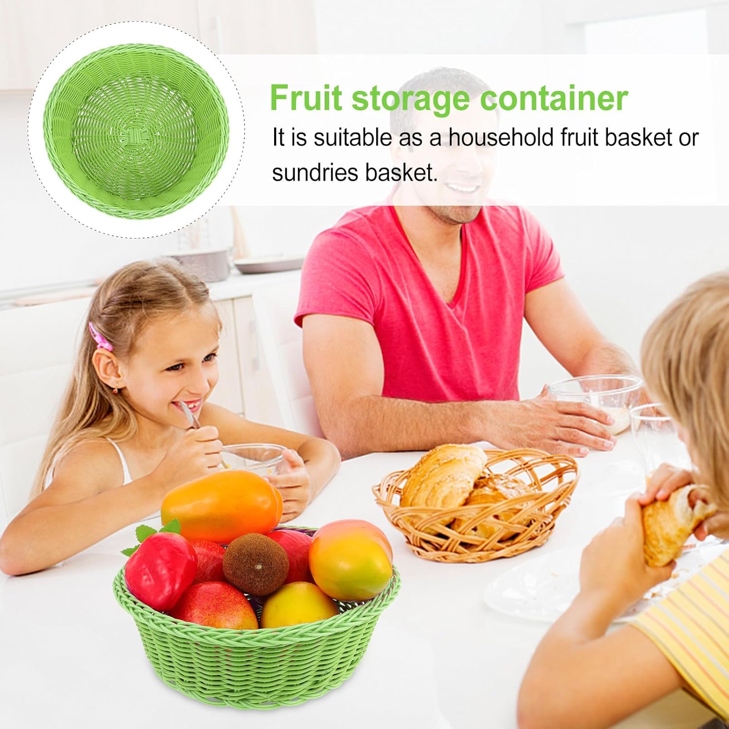 BETOOKY Imitation Rattan Plastic Woven Fruit Basket Large Kitchen Organizer Food Storage Container Green round Home Storage Basket