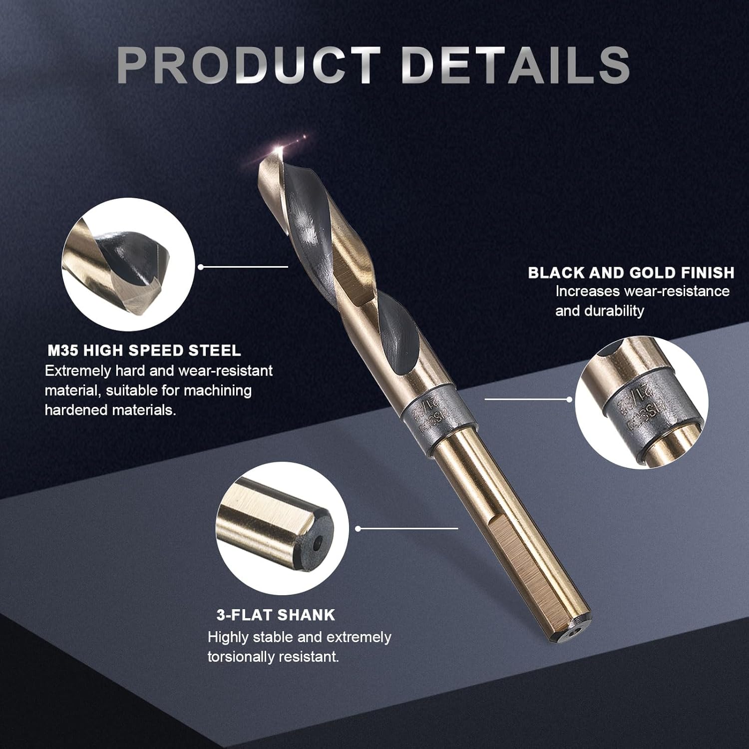 uxcell 3Pcs 21/32" Drill Bit 1/2" Reduced Shank M35 Cobalt 5% High-Speed Steel Twist Black and Gold Finish 135° Drill for High Hardness Materials