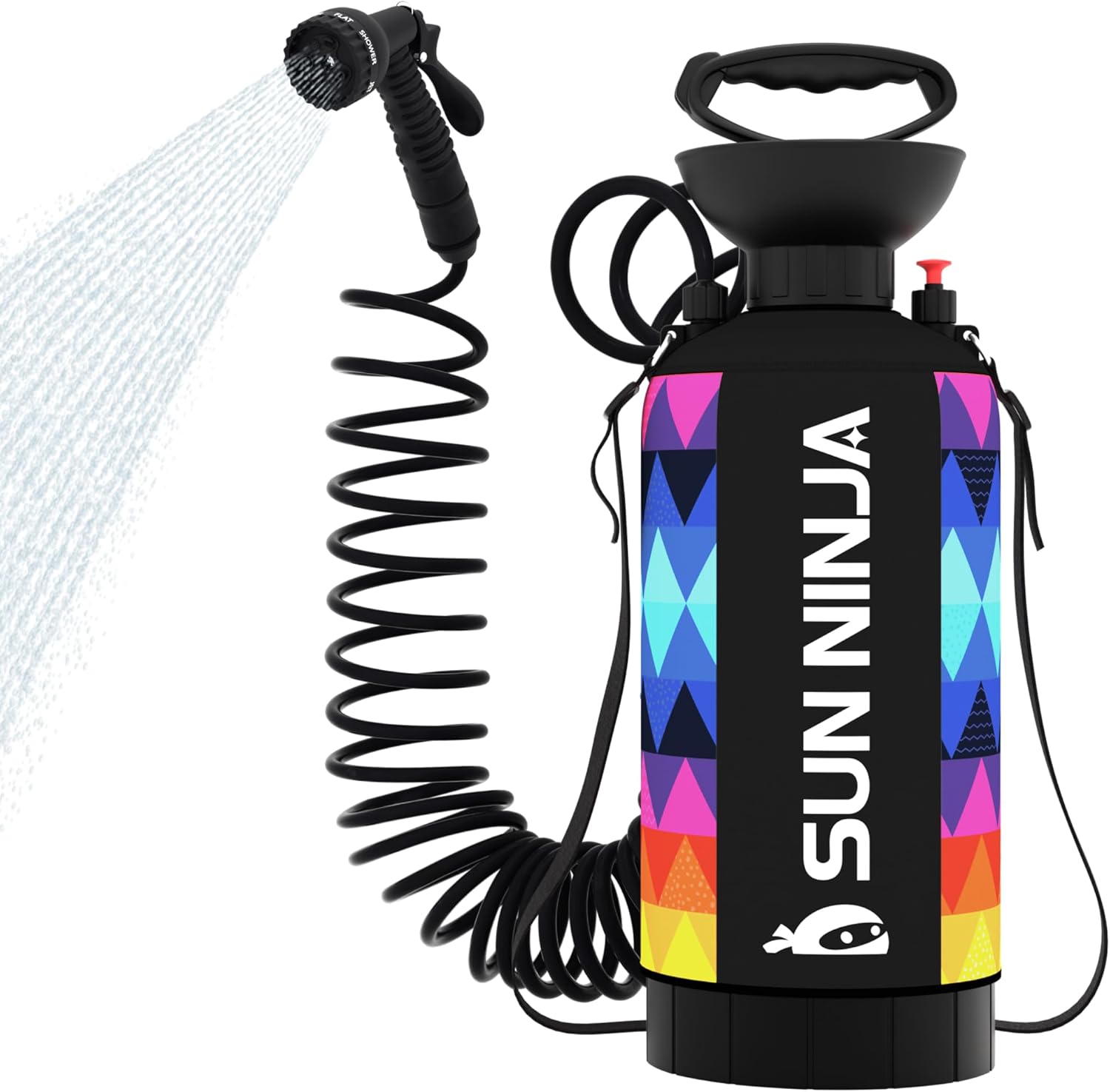 SUN NINJA Portable Shower, Camping Shower with 7 Mode Shower Head, Neoprene Cover Helps Keep Water Warm, High Pressure Hose, Easy to Carry