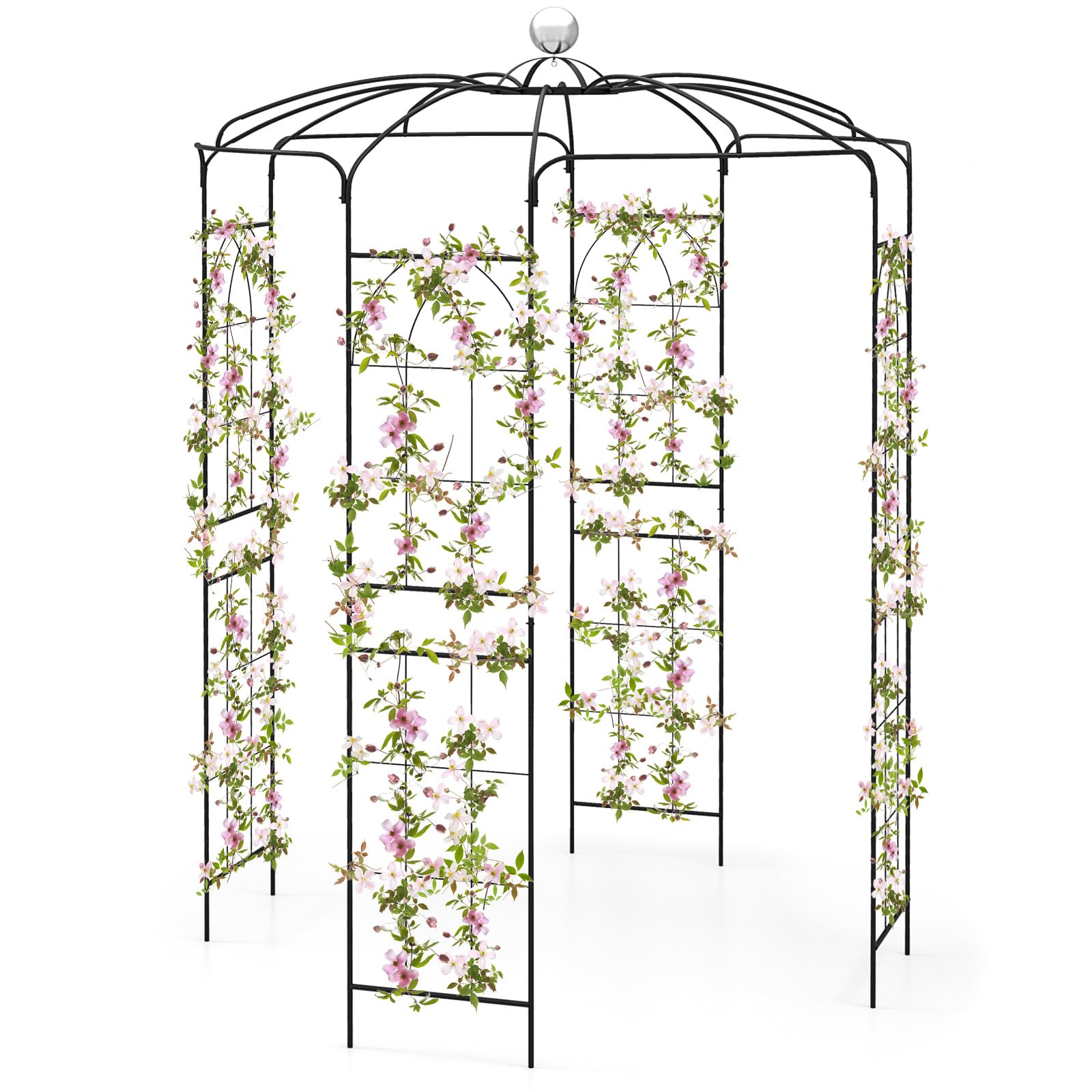 GOPLUS Arche de Jardin Forme de Cage à Oiseaux, Treillis Plantes Grimpantes 286 x φ 206 cm, Crochet de Suspension, Arche Rosier Décoration de Fête, Cérémonie de Mariage, Charge 10KG Noir