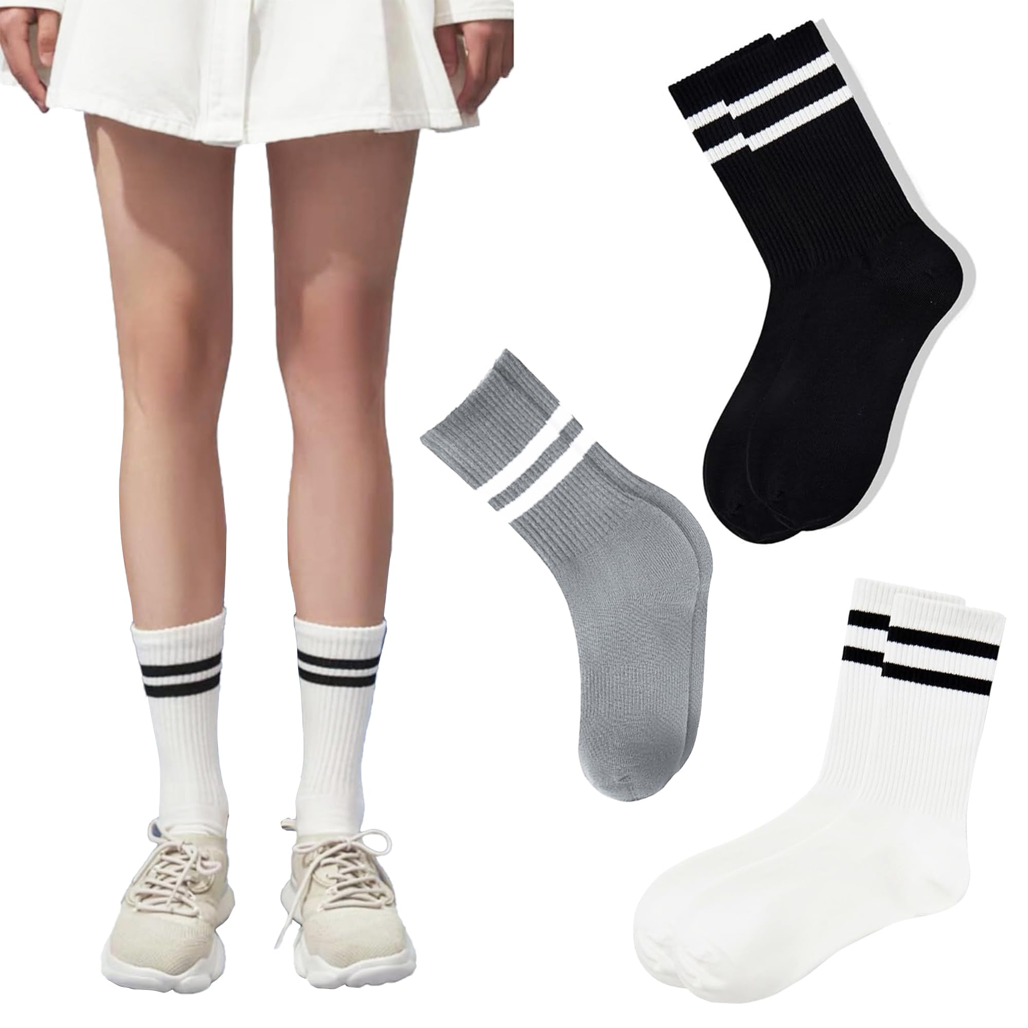 YUSONS Calcetines Mujer algodón a Rayas, Calcetines Altos para Deporte, Colegio y Uso Diario, 3 Pares