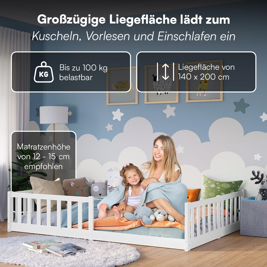 Bellabino Vere Bodenbett 140x200 cm – Montessori Kinderbett mit Rausfallschutz & Lattenrost – Massives Kiefernholz Bett Weiß