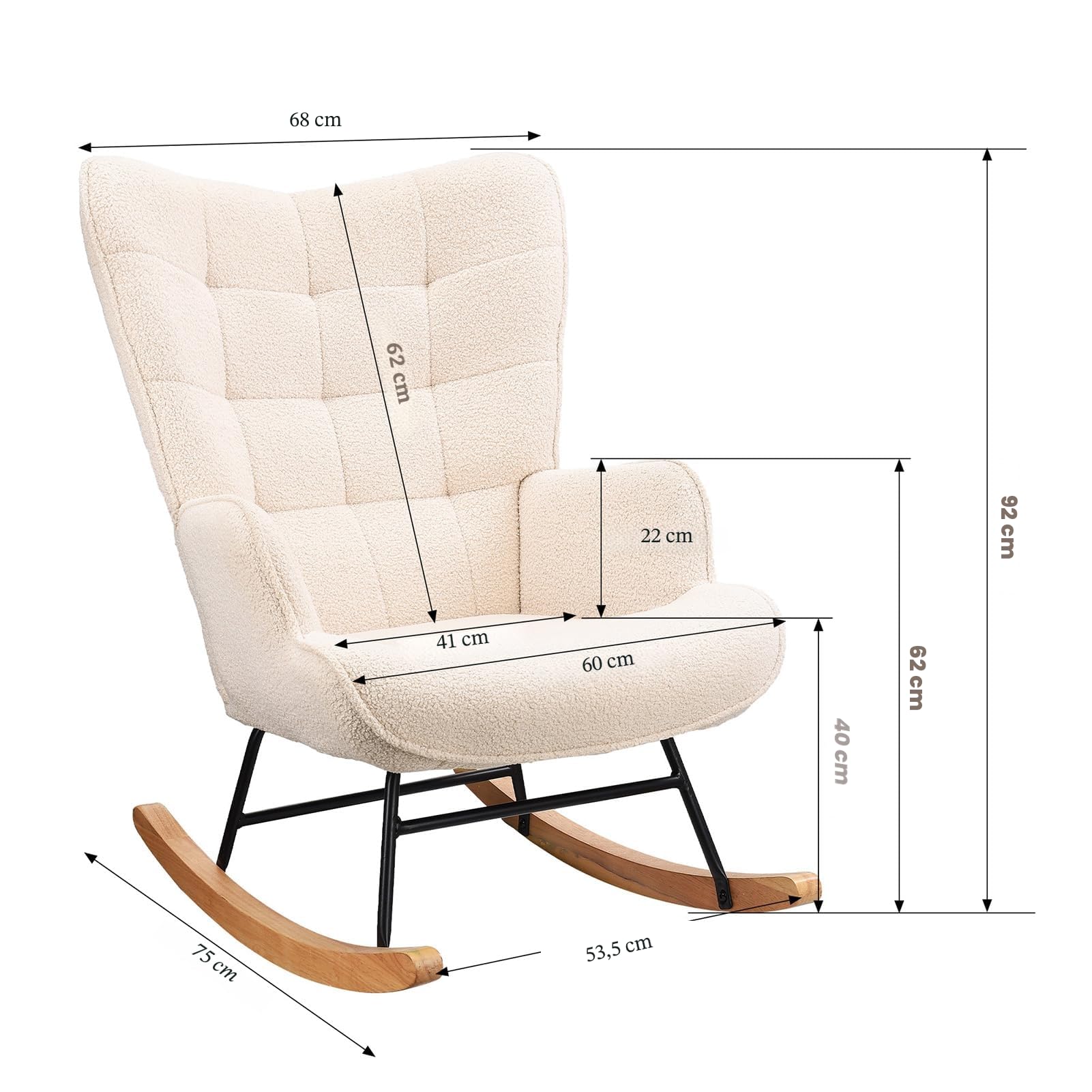 Fauteuil à Bascule, Fauteuil de Relaxation, d'allaitement, de Salon, à Bascule, avec Structure en métal et Base en Bois, Charge maximale : 130 kg, Tissu en Peluche, Beige, 75 x 68 x 92 cm