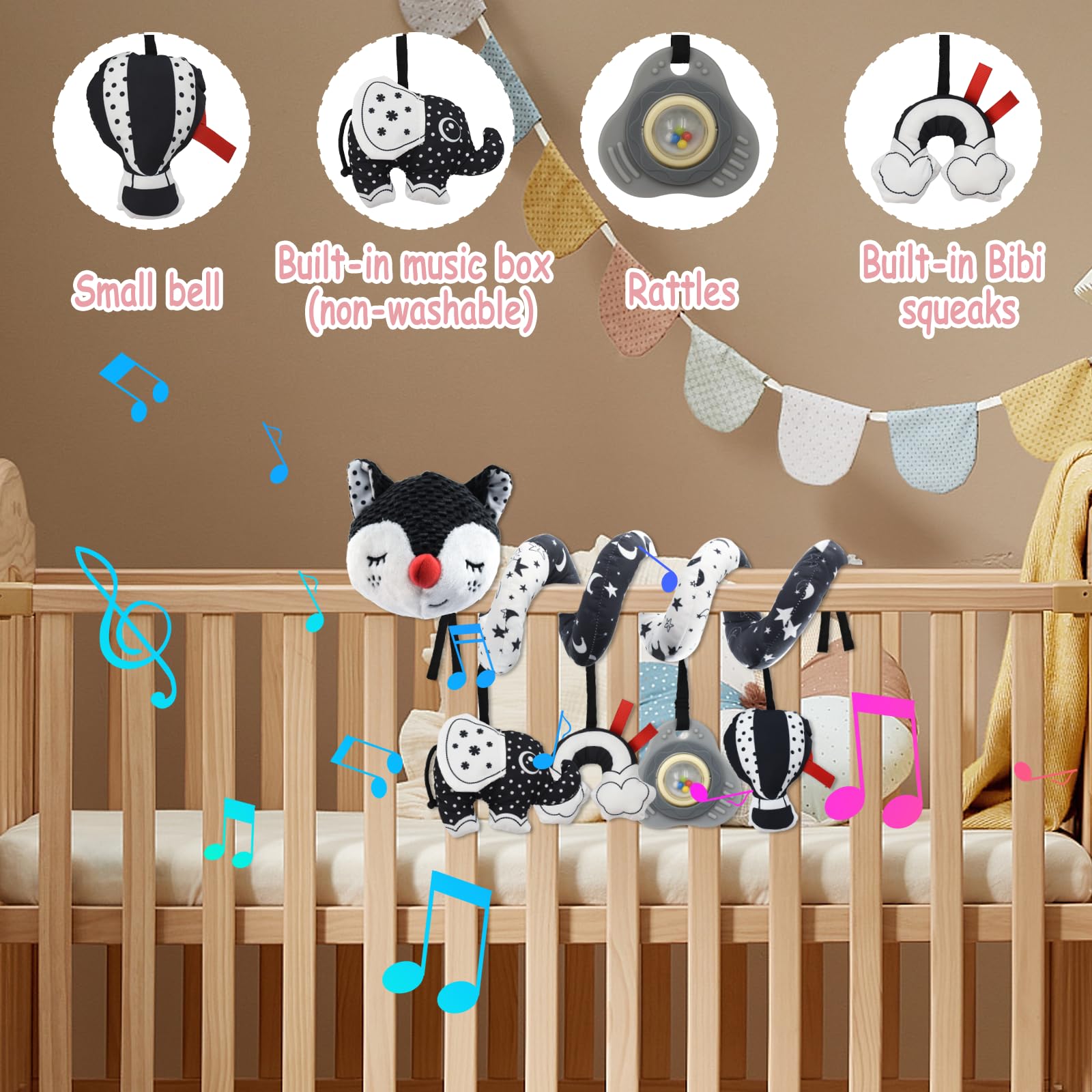 Espiral Carro Bebe, Blanco y Negro Juguetes para Cochecito de Bebé, Juguetes Colgantes en Espiral para Silla de Coche y Cuna de Bebé Móvil, Juguete para Cochecito para bebés de 0 a 6 Meses