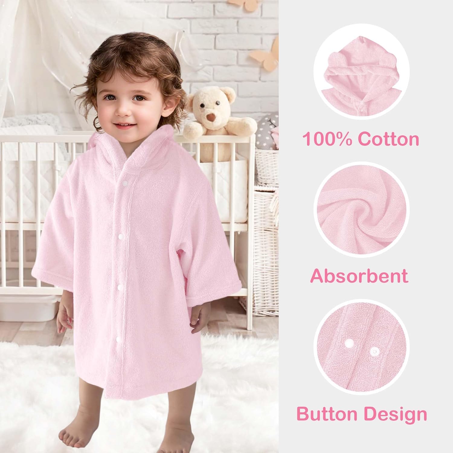VOOVA & MOVAS Pink Toddler Hooded Towel with Bear Ear | 100% Cotton, Ultra-Soft & Absorbent Baby Bath Robe | Gentle for Sensitive Skin, Lightweight for Bath, Pool & Beach, 0-24Months