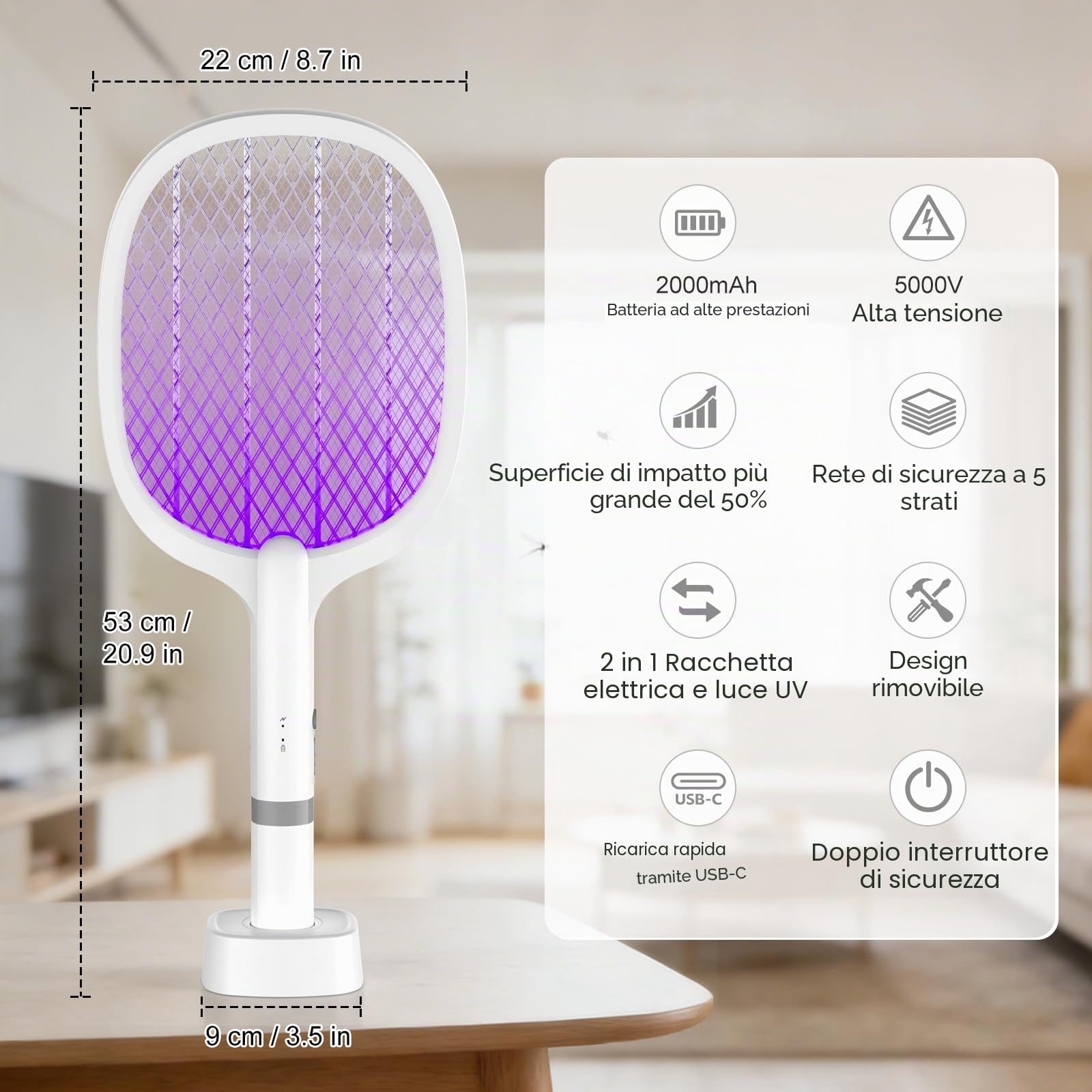 Racchetta Zanzare Elettrica, 5000V Racchetta Zanzare con USB Ricaricabile e LED 2 in 1, Protezione Maglia a 3 Strati Adatto per Casa Giardino Campeggio Interni ed Esterni (2PS)
