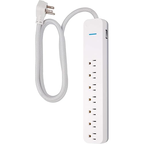 GE UltraPro 7-Outlet Surge Protector, 6 Ft Designer Braided Extension Cord, 1080 Joules, Flat Plug, Wall Mount, UL Listed, White, 41353