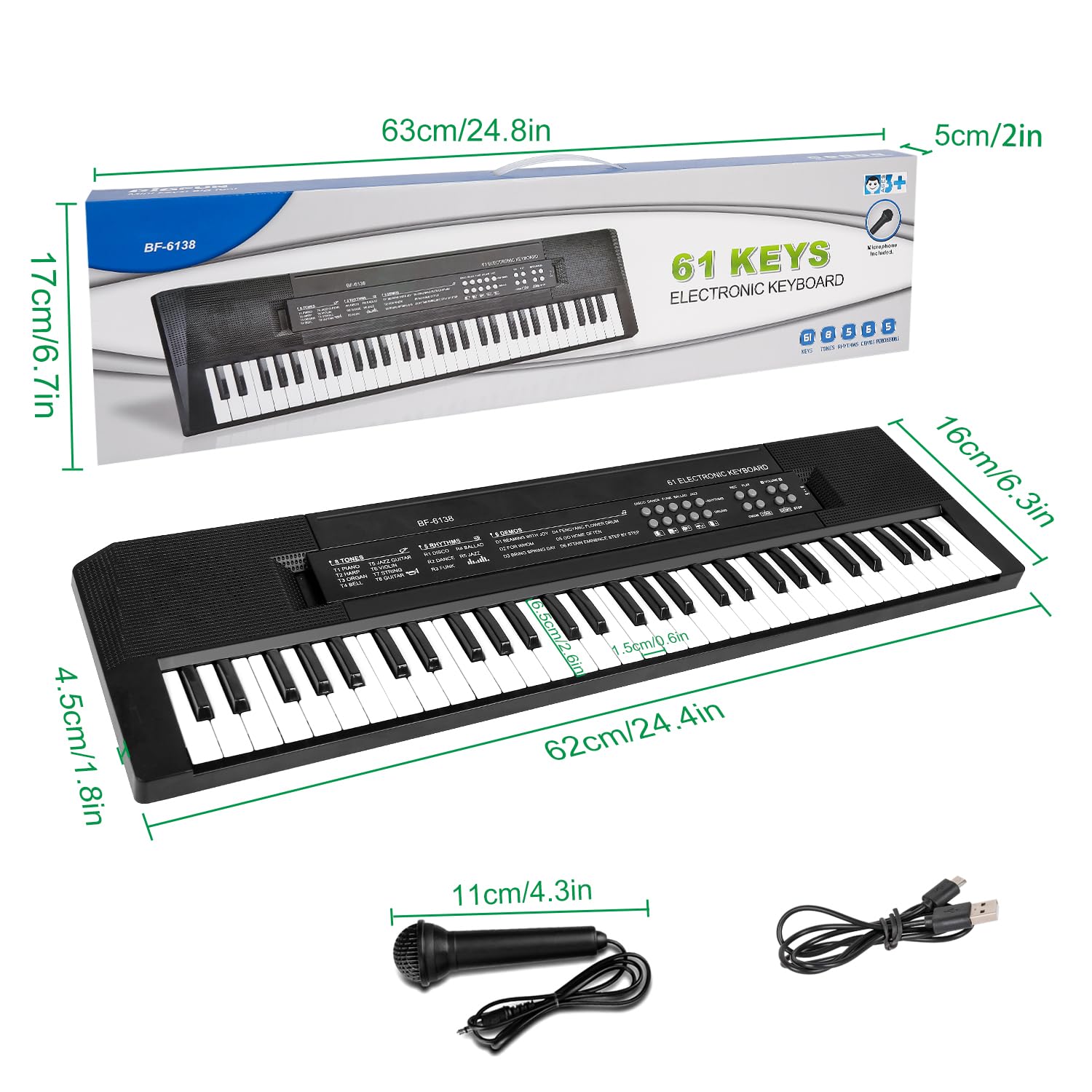 Piano Teclado de 61 Teclas para Niños, Teclado Musical con Micrófono, Piano Electrónico Portátil para la Enseñanza, Juguete Regalo para Principiantes Niños y Niñas de 3 a 12 Años, Altavoces Integrados