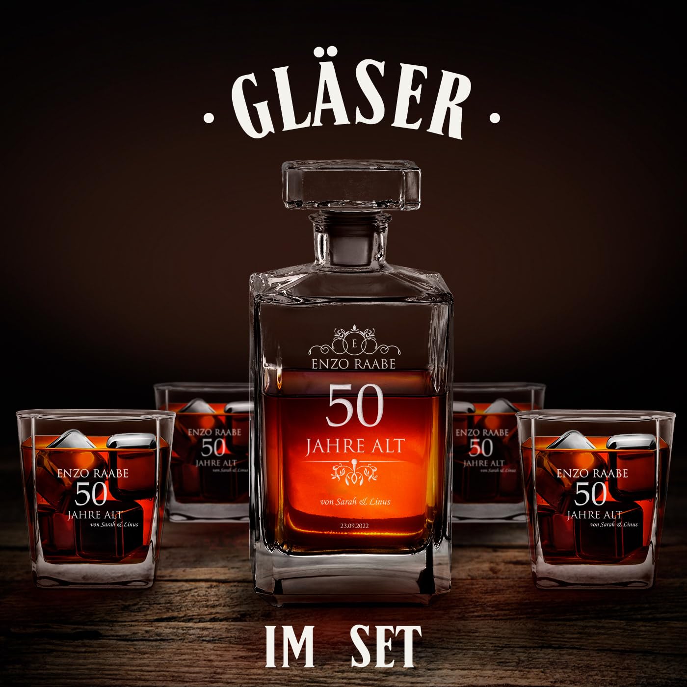 Maverton Whiskey Karaffe + 4 / 6er Whiskygläser Set mit Gravur - 700ml Whisky Dekanter - Geschenk zum Geburtstag für Damen - Weihnachtsgeschenke - Jahre alt