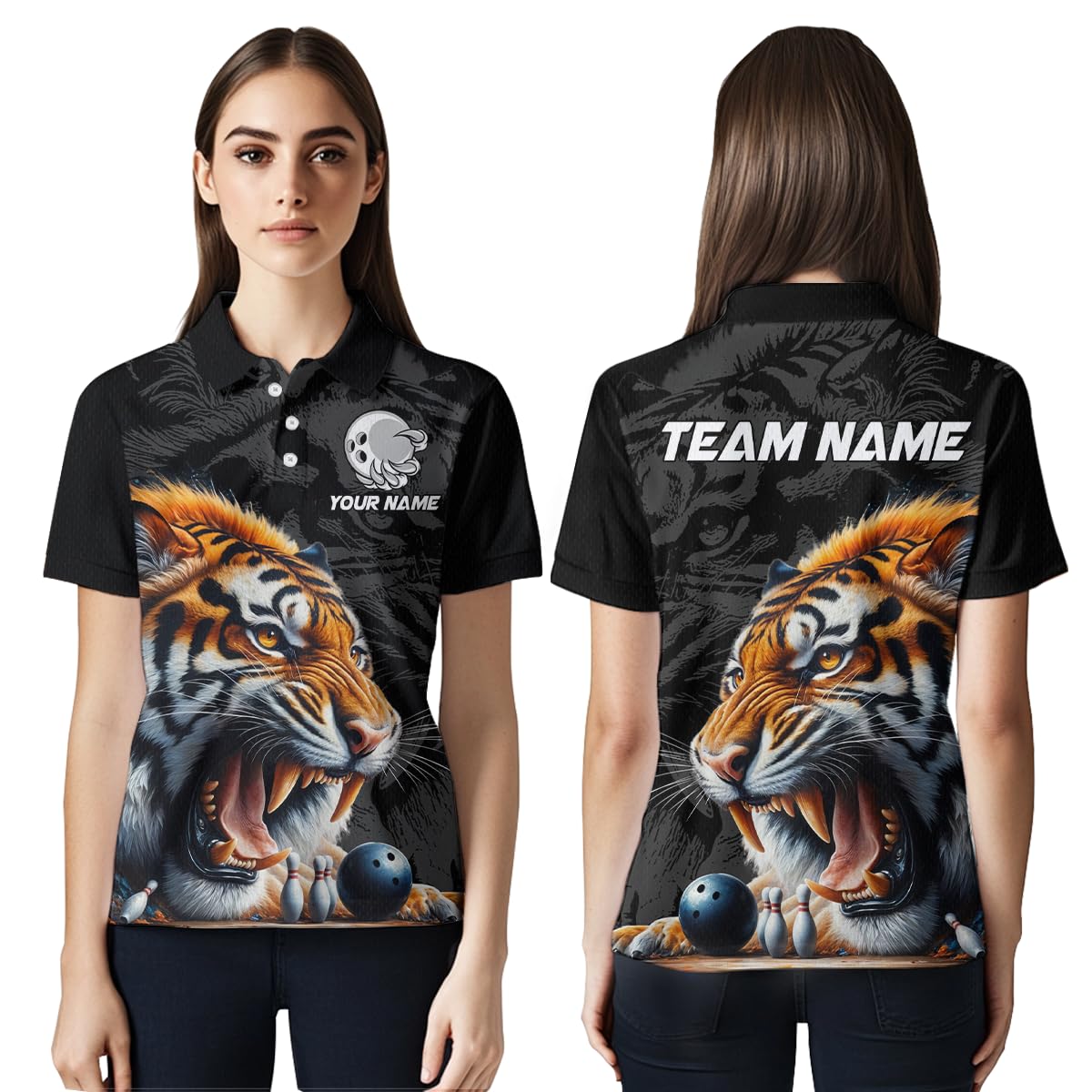 PIONAMZIOZ Custom Tiger Bowling Shirt Tiger Bowling Team League Unisex Polo & Quarter-Zip Bowling Outfit (US, Alpha, Small, 5X-Large, Regular, Regular, Women Polo)