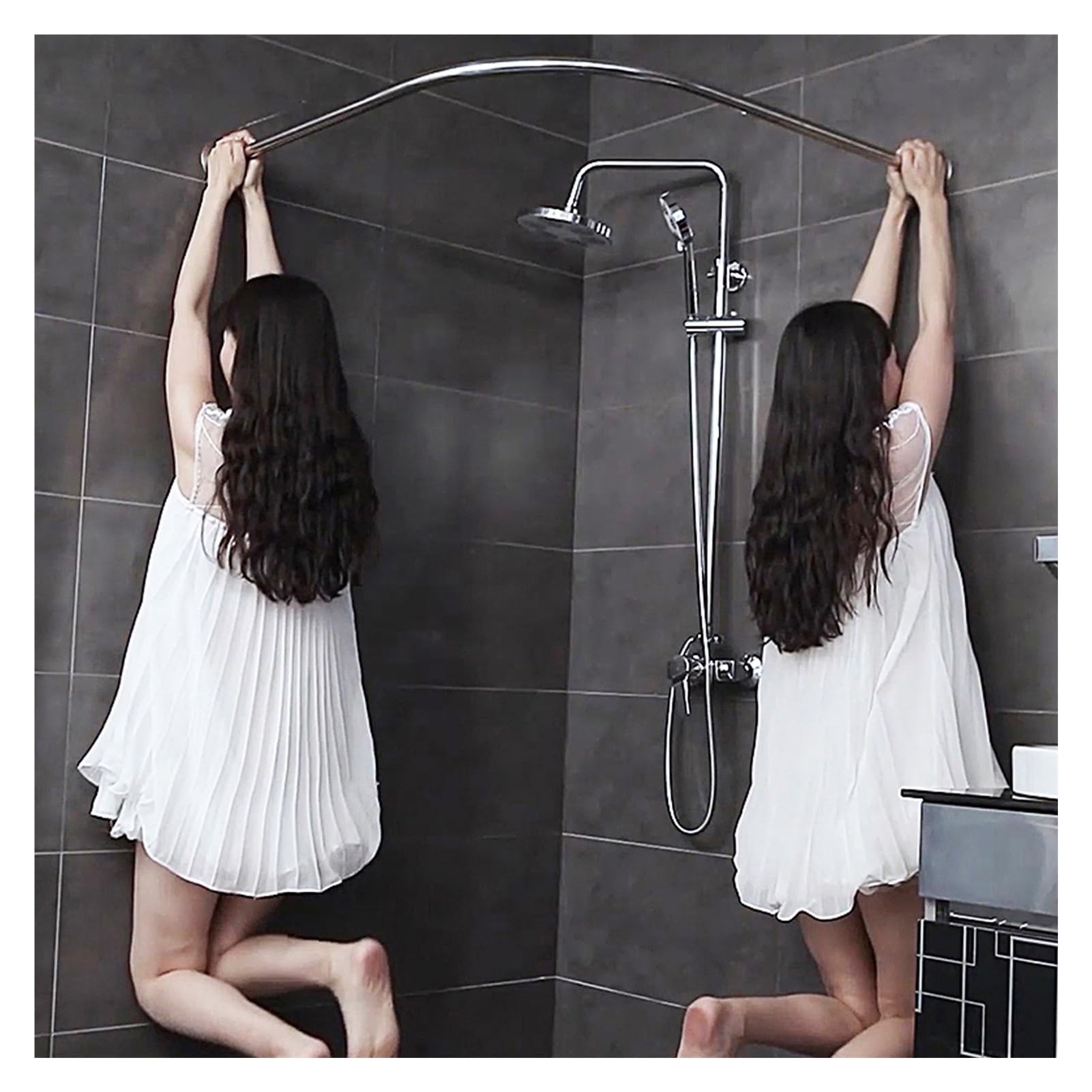 Meiiron L-Shaped Shower Curtain Rail for Bathtubs, No Drill Curved Bath Curtain Rail Bar, 304 Stainless Steel Curtain Rod Extendable Tension Bar, Max Load 66 LB (Size : 80~100x80~100cm)