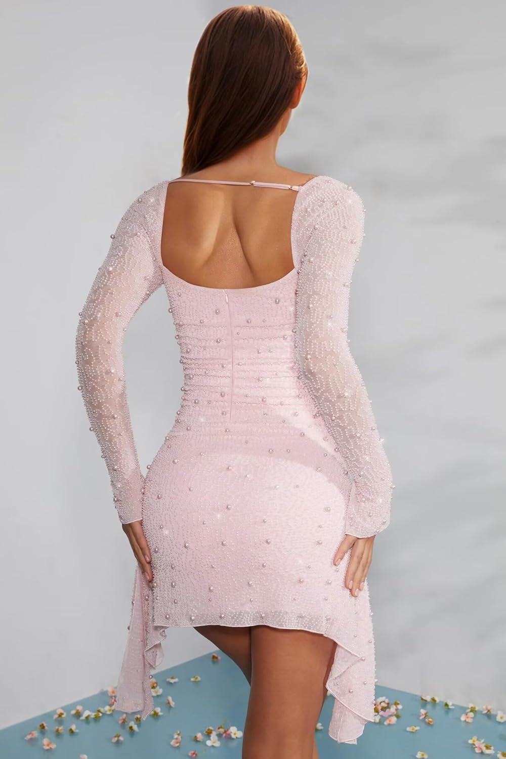 Sparkly Pearls Sequin Long Sleeve Homecoming Dresses for Teens Cowl Neck Cocktail Party Gown with Tail BSXW22 - Image 3