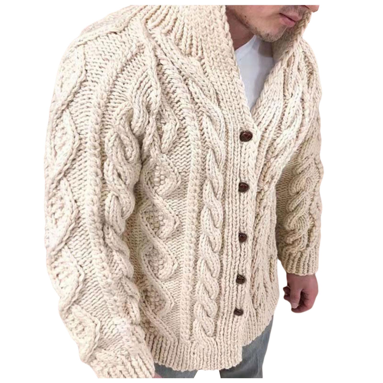 Cardigan da uomo con bottoni, motivo a treccia, colletto alto, colore puro, cardigan spesso a treccia, classico a maglia grossa