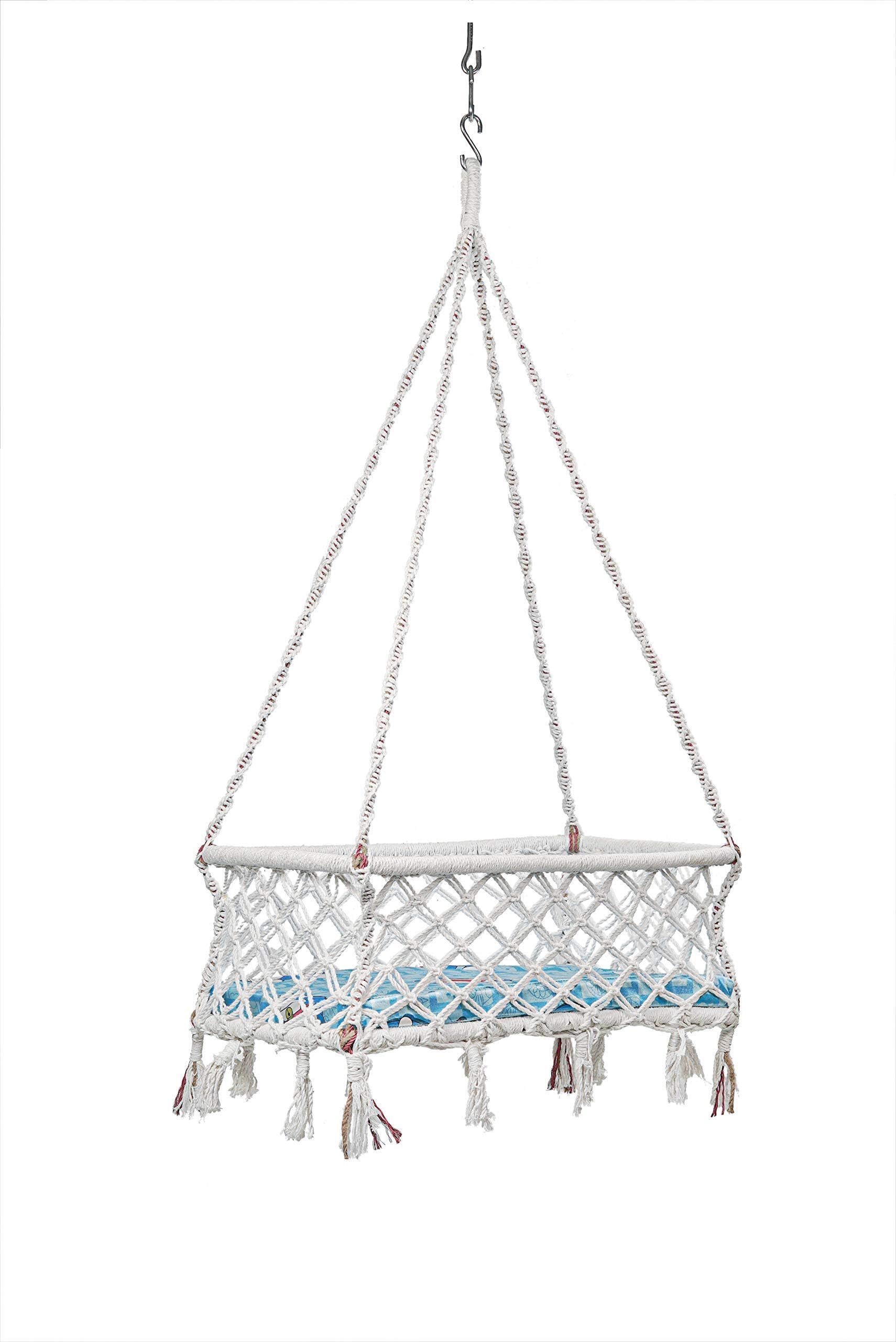 Patiofy Cotton Baby Hanging Cradle/Thottil/Used as Baby Hanging Jhula for 0-2 Years Old/Cradle and Swing with Mattress for Babies/White in Colour