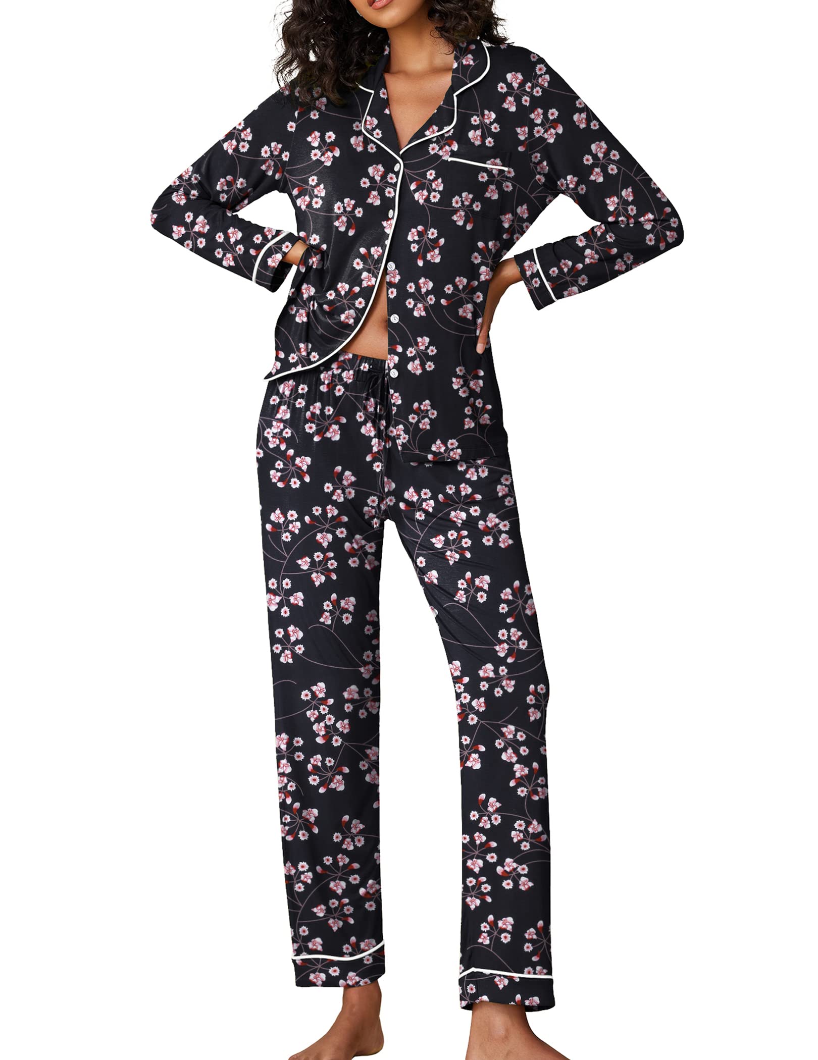 EkouaerPajamas Women's Long Sleeve Sleepwear Soft Button Down Loungewear Pjs Set Nightwear XS-XXL