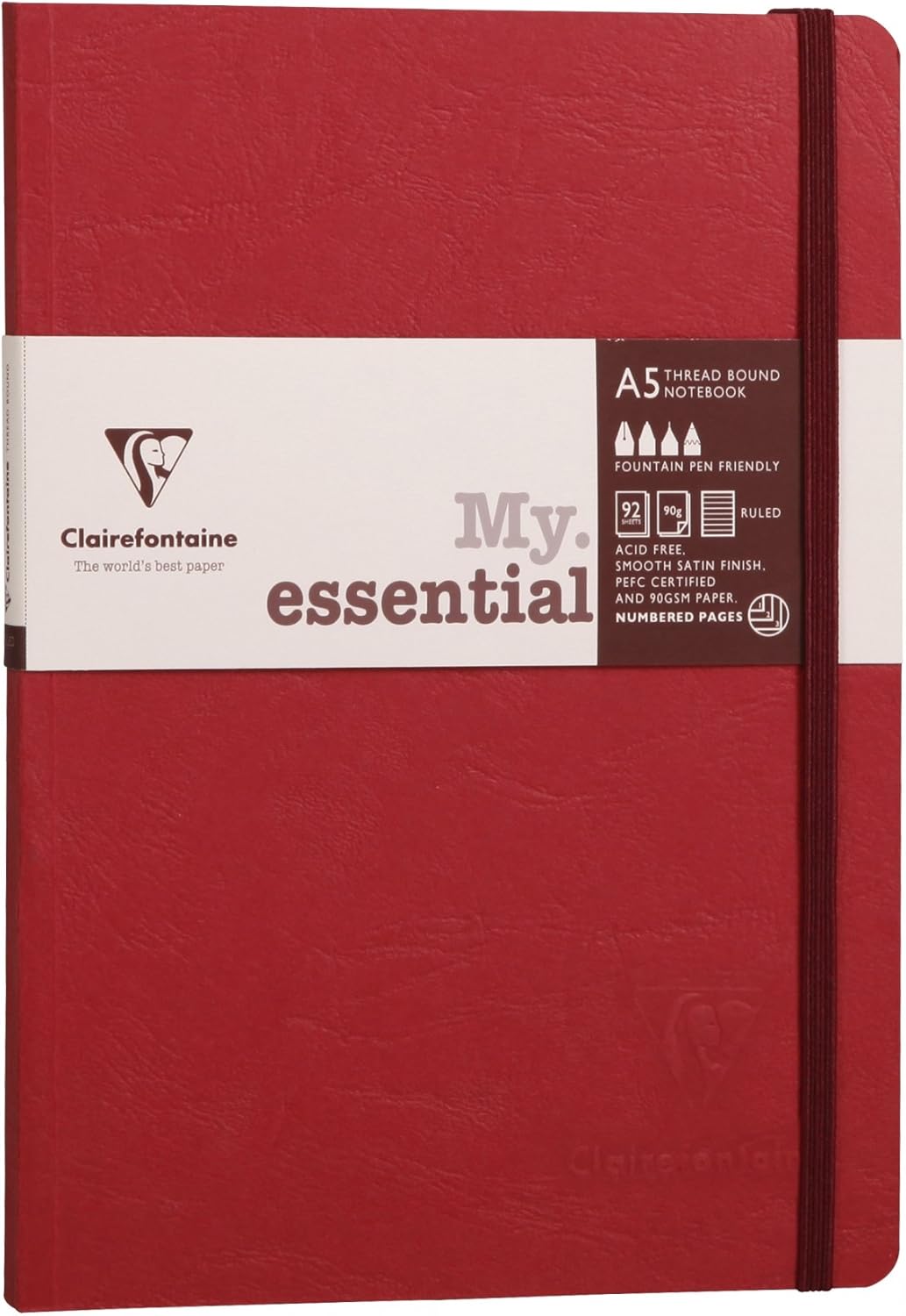 Clairefontaine 793462C Collection Age Bag One Stitched My.Essential Stitched Elastic Notebook Red - A5 14,8x21 cm - 192 Numbered Lined Pages - 90 g Ivory Paper - Grain Leather Glossy Hardcover