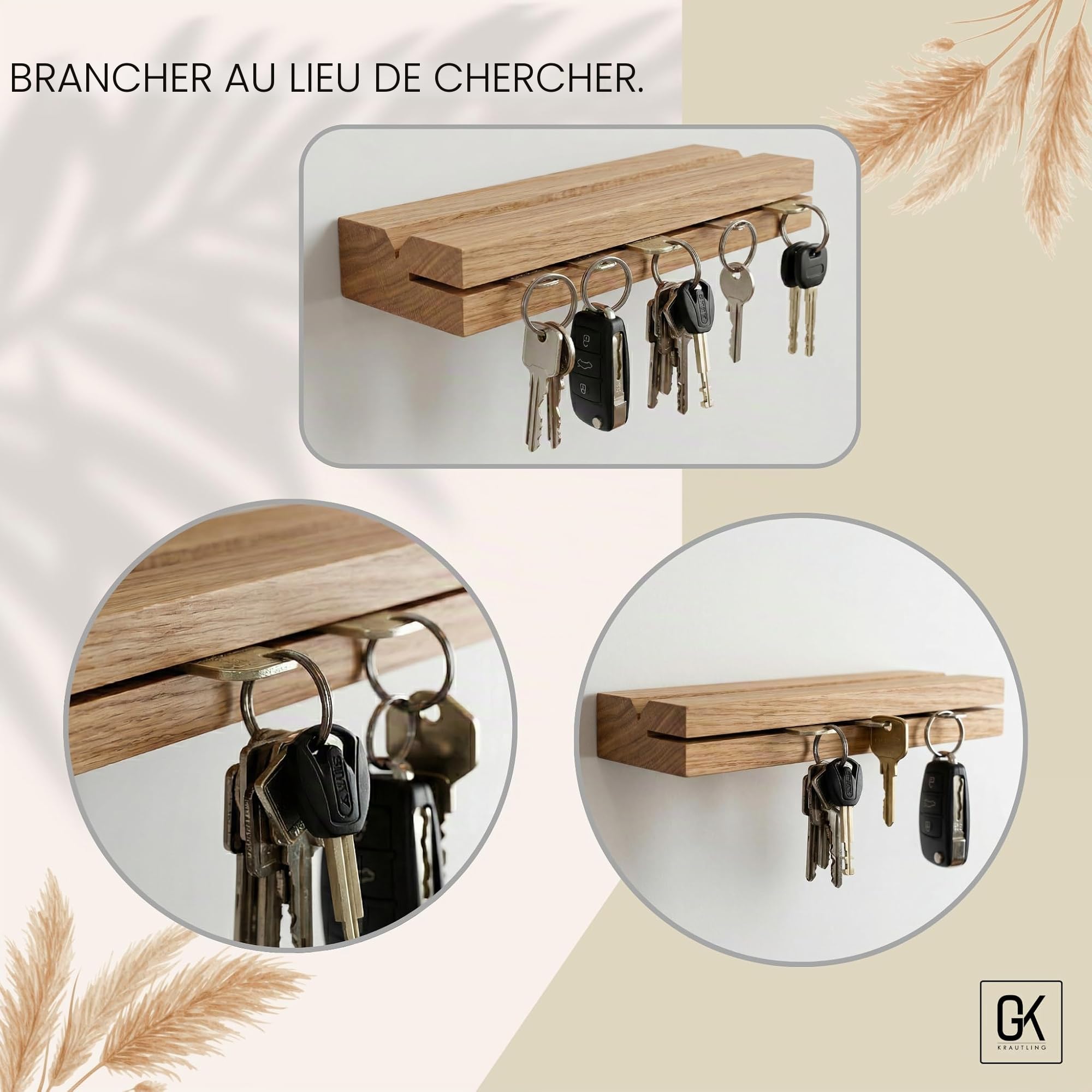 Plaque à clés magnétique en bois moderne - Chêne - Organiseur de clés - Tableau à clés en bois - Avec étagère - Rangement des clés - Porte-clés magnétique
