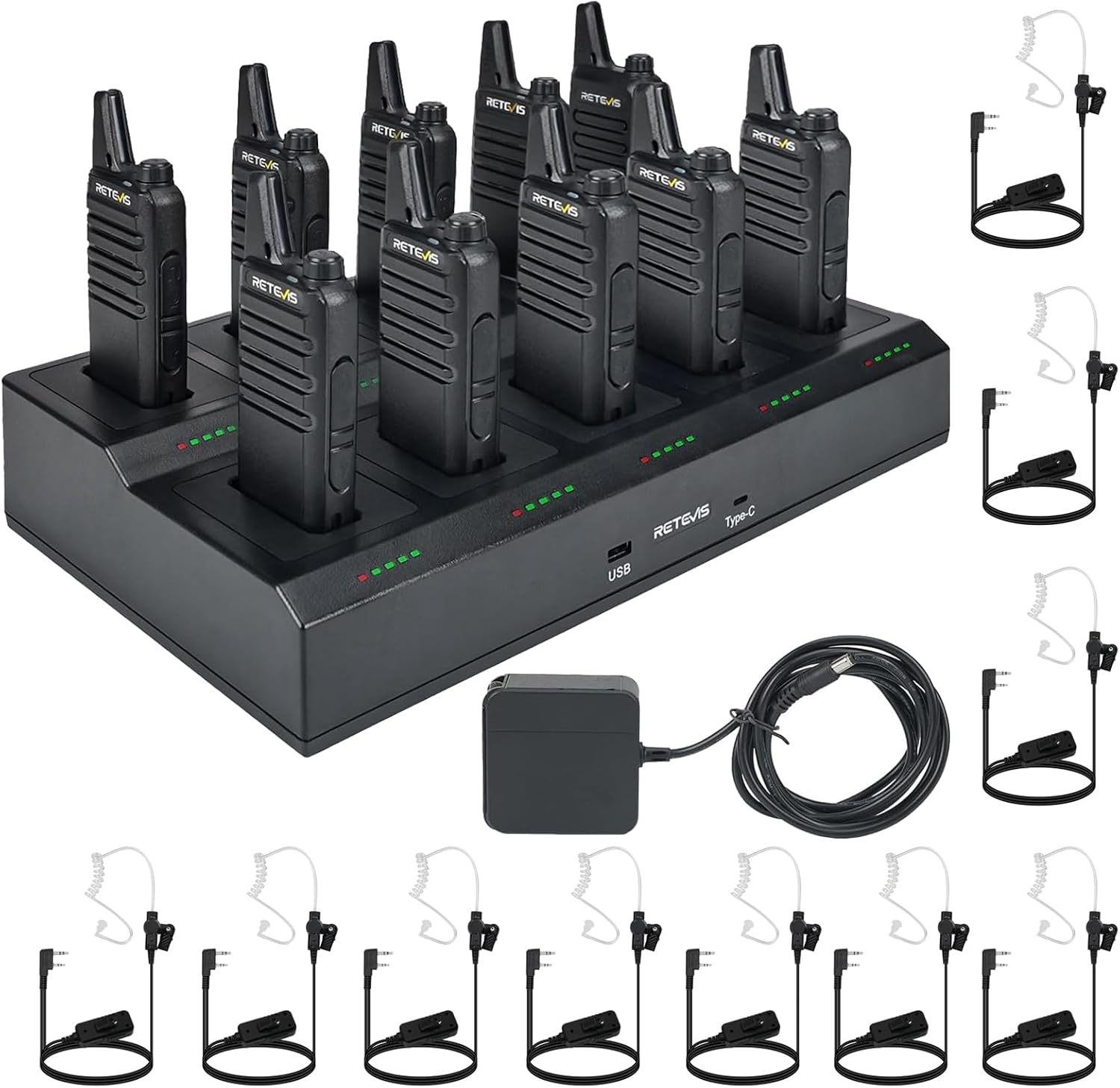 Retevis RT22 Two Way Radio(10 Pack) Bundle with AI Noise Cancelling Walkie Talkie Headset(10 Pack), Charging Progress Bar, Workplace Organization, Compact Walkie Talkie for Adults Office School